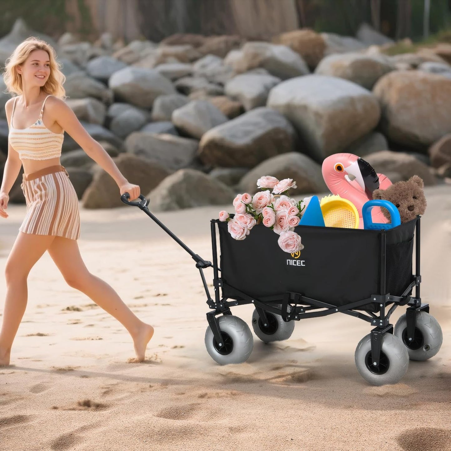 Nice C Beach Wagon, Heavy Duty Folding Utility Cart with 9" Balloon Wheels for Sand, 220 lbs Capacity, Adjustable Handle, Collapsible Beach Cart for Camping, Picnic, Outdoor, Groceries