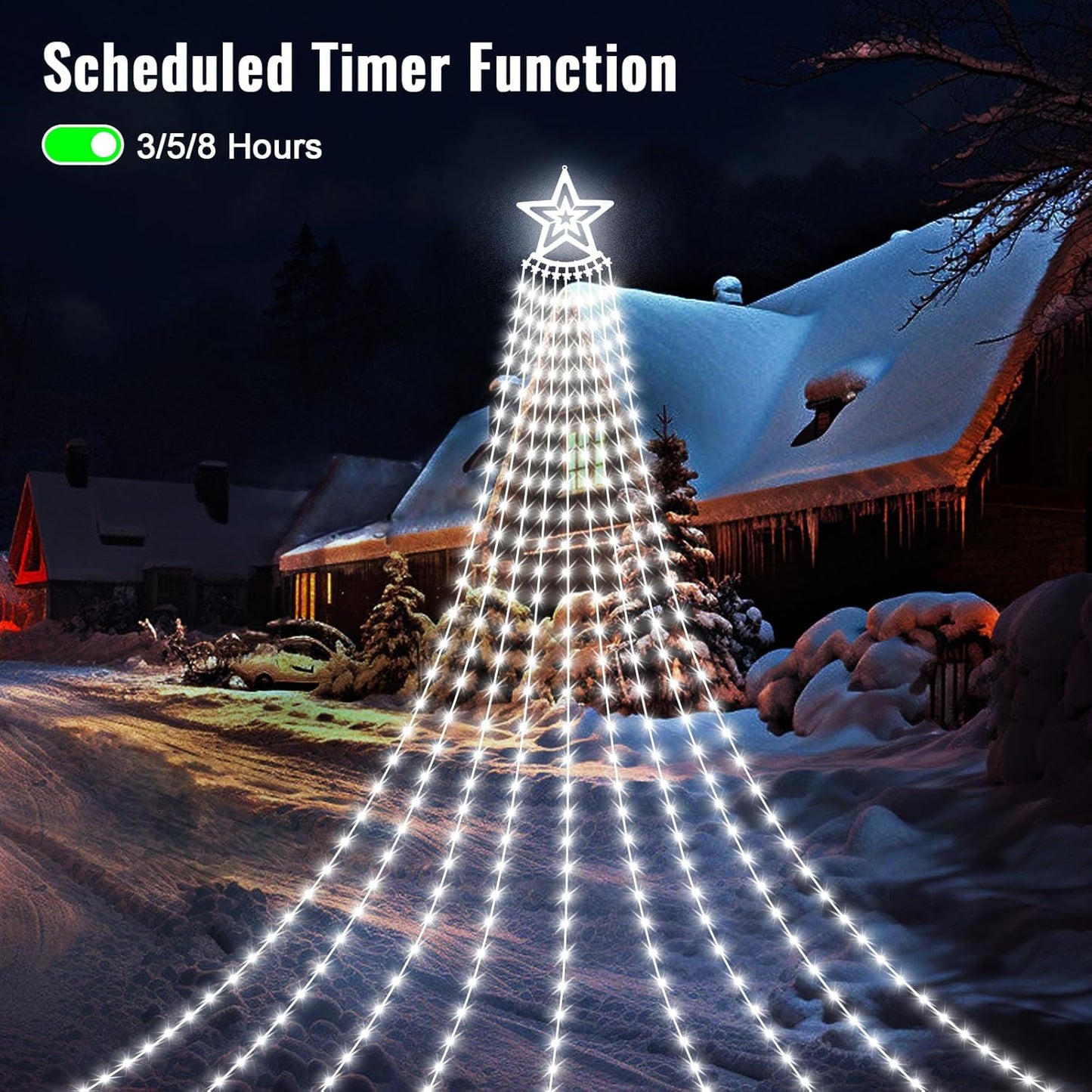HELESIN Solar Outdoor Christmas Decorations Lights, 350LED Christmas Star Tree Light wth Remote Control, 8 Modes Waterfall Lights USB Charge for Holiday Xmas Tree Patio Yard Decor, Cold White