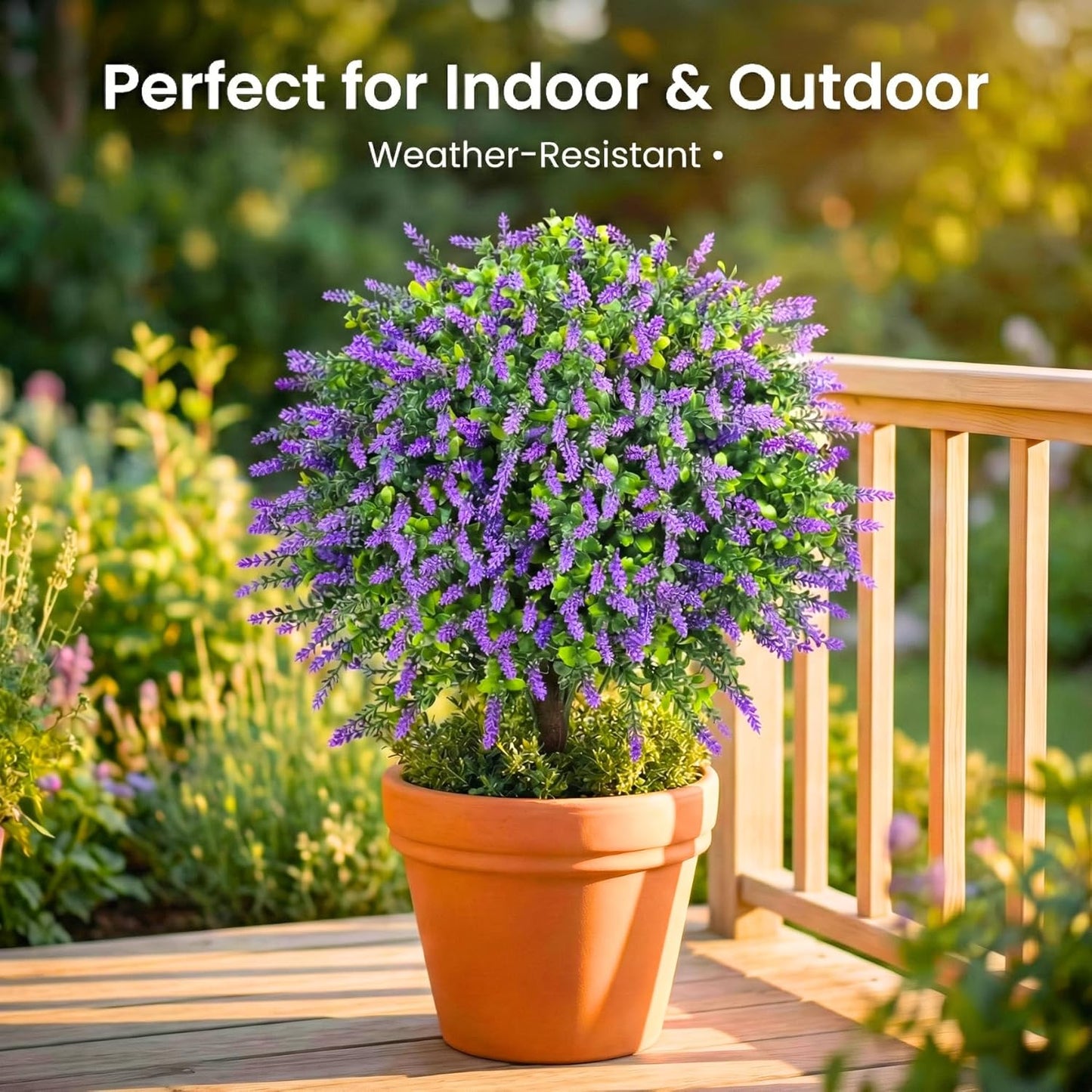 Artificial Boxwood Topiary Balls with Lavender – 24" Set of 2 Faux Shrub Bushes, Evergreen Trees with Ground Spike & Garden Tools – UV Resistant Faux Plants for Outdoor Planters, Porch & Front Door