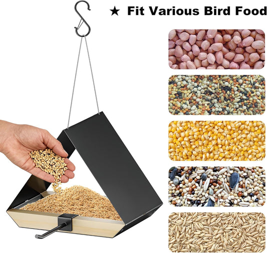 HOSUN Black Sturdy Metal Roof Bird Feeder - Durable Outdoor Hanging, Easy to Clean, Metal Mesh Ventilated, Bird Watching Gift & Garden Decor for Cardinals, Bluebirds & Wild Birds