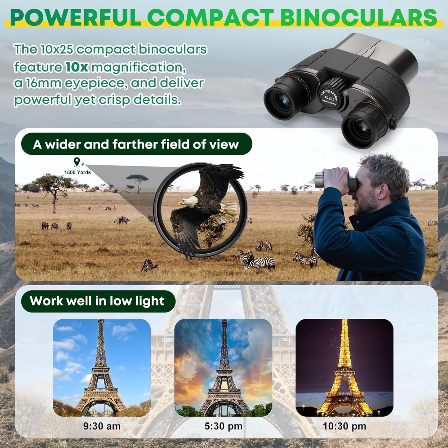 10X25 Compact Binoculars for Adults, High Power Clear Vision, Easy Foc