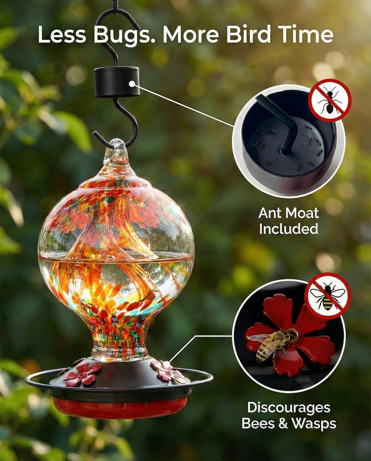 Hummingbird Feeder for Outdoors Hanging, 34 Oz, Hand Blown Gift Inner Glass Décor for Garden, Ant Moat & Bee-Resistant Ports, Decoration Stained Humming Bird Feeders, Sunset Red