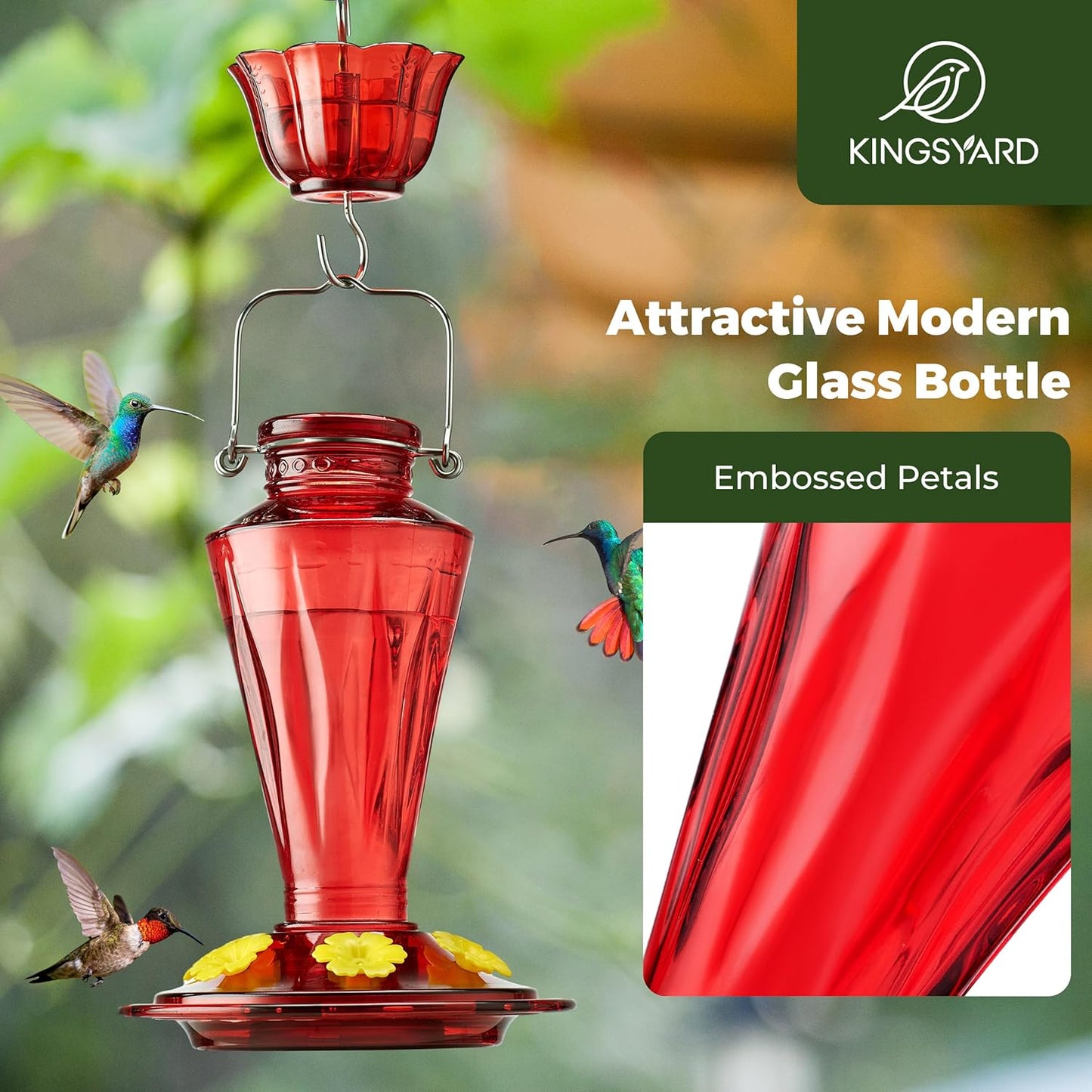 Kingsyard Glass Hummingbird Feeders for Outdoors Hanging Ant & Bee Proof, 16 Ounces Bird Nectar Feeder 6 Flower Feeding Ports, Leak Proof, Easy to Refill & Clean, Ant Moat Included, Red