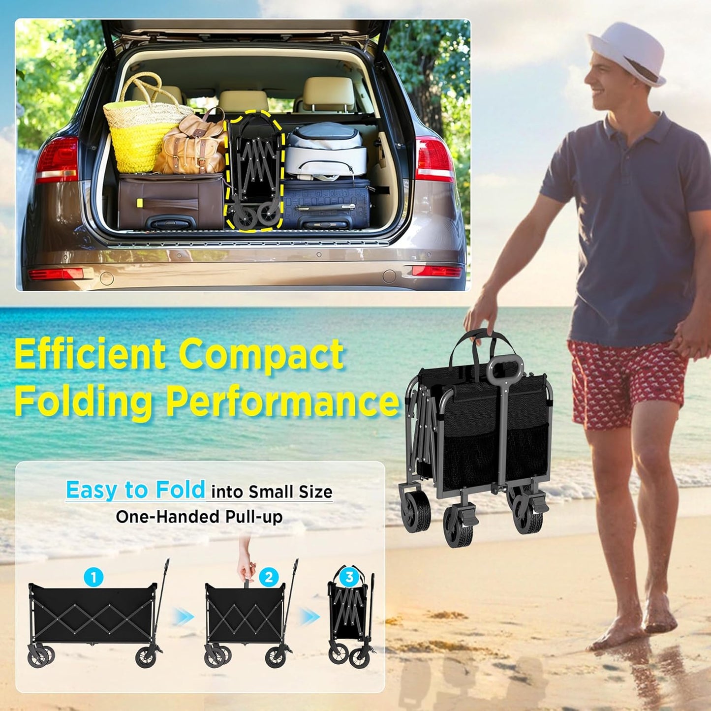 Wagons Carts Foldable, Beach Wagon with Brakes & All-Terrain Wheels 560LBS Capacity Collapsible Wagon for Trips, Outdoor Camping, Sports & Garden Use – Black