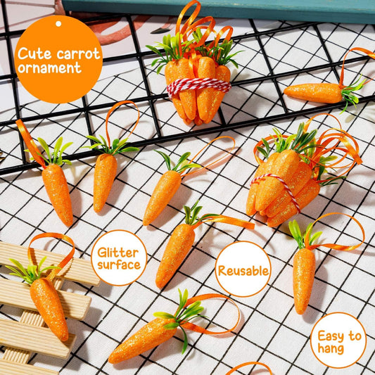 CLESDF Easter Carrot Hanging Ornaments - 12Pcs Premium Foam Glitter Artificial Carrots for Easter Decoration