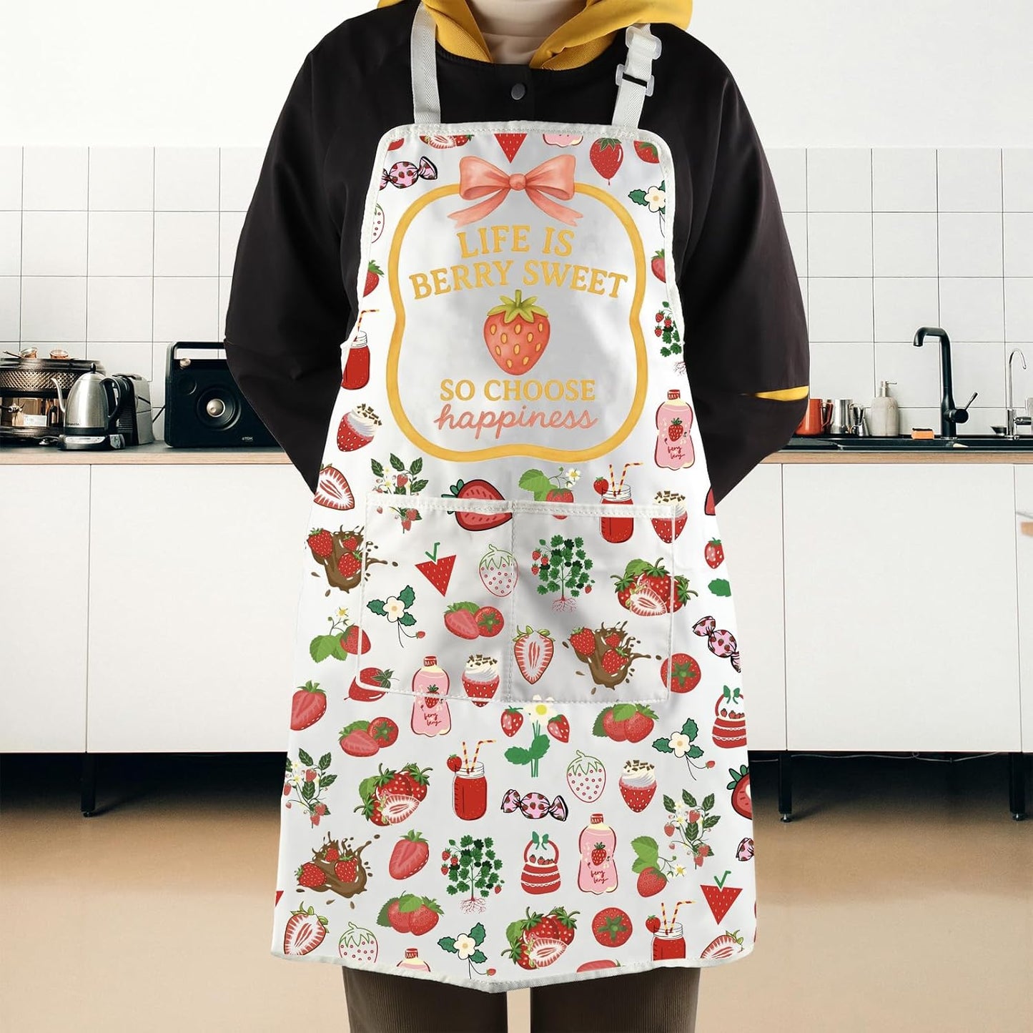 WCGXKO Life Is Berry Sweet So Choose Happiness Strawberry Summer Kitchen Apron Fruit Positive Gift Mental Health Matters Gift