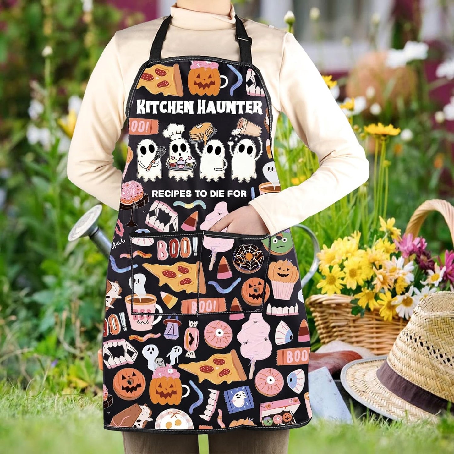 WCGXKO Kitchen Haunter Recipes to Die for Kitchen Apron Cute Ghost Gift for Fall & Halloween Lover