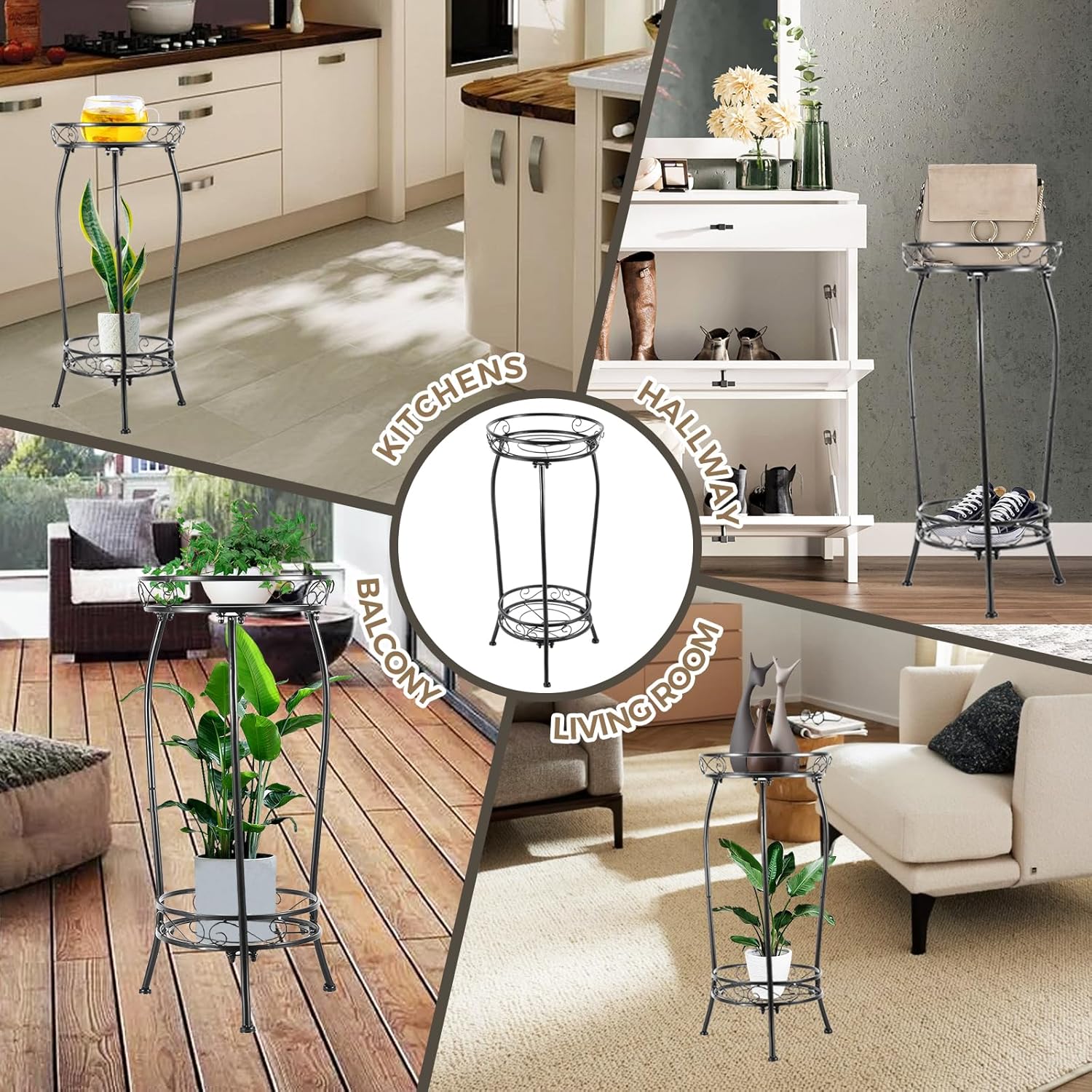 Plant Stand Indoor Outdoor，Tall Black Metal Rustproof Stable Plant Sta