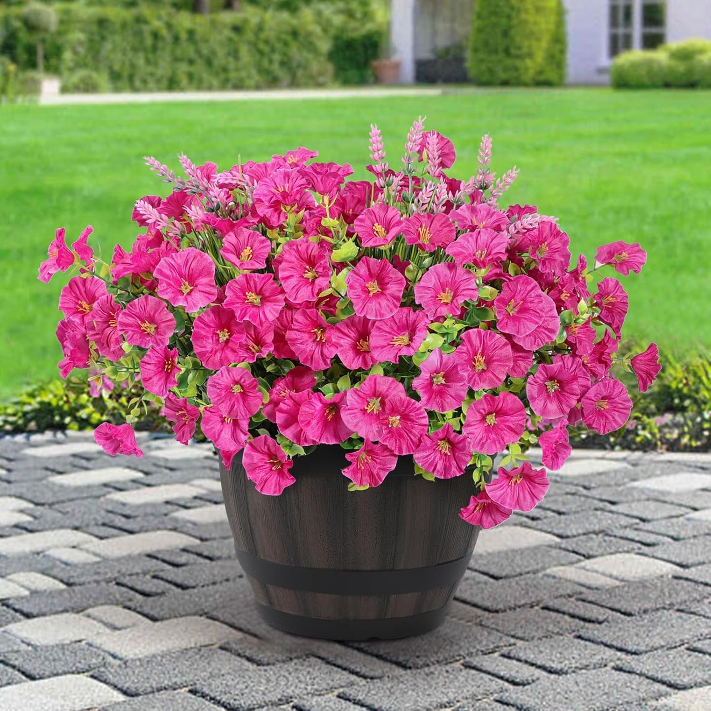 Artificial Fake Plants Flowers for Outdoor ,12 Bundles Faux Morning Glory Lavender UV Resistant Look Real Silk Flowers for Planter Pot Home Front Door Porch Patio Yard Spring Summer Decoration,Pink