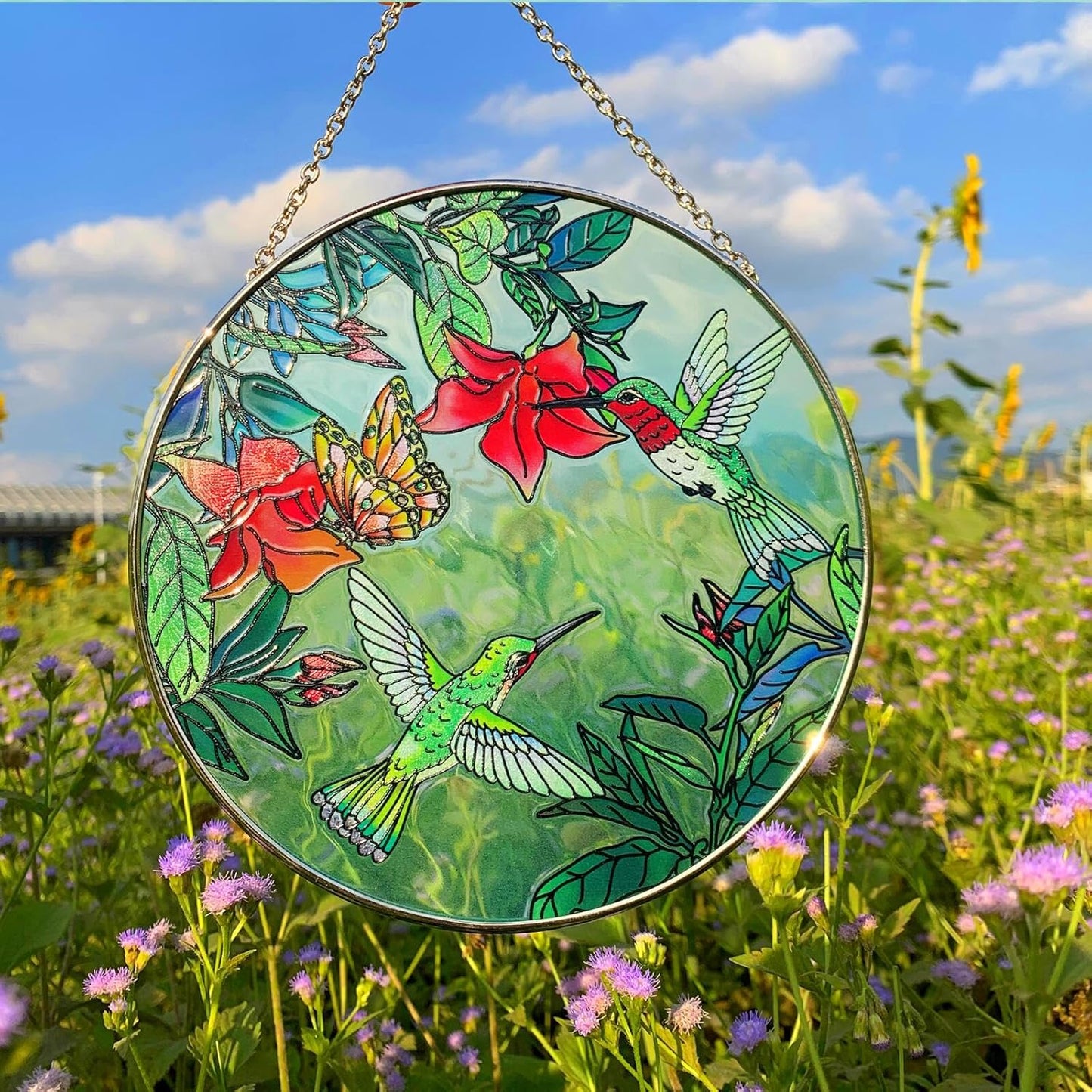 Stained Glass Window Hanging, Hummingbirds Garden Suncatcher for Window Memorial Gift for Birds Lover Stained Glass Birthday Gift for Mom Sun Catchers Window Home Christmas Party Wedding Decor(C)