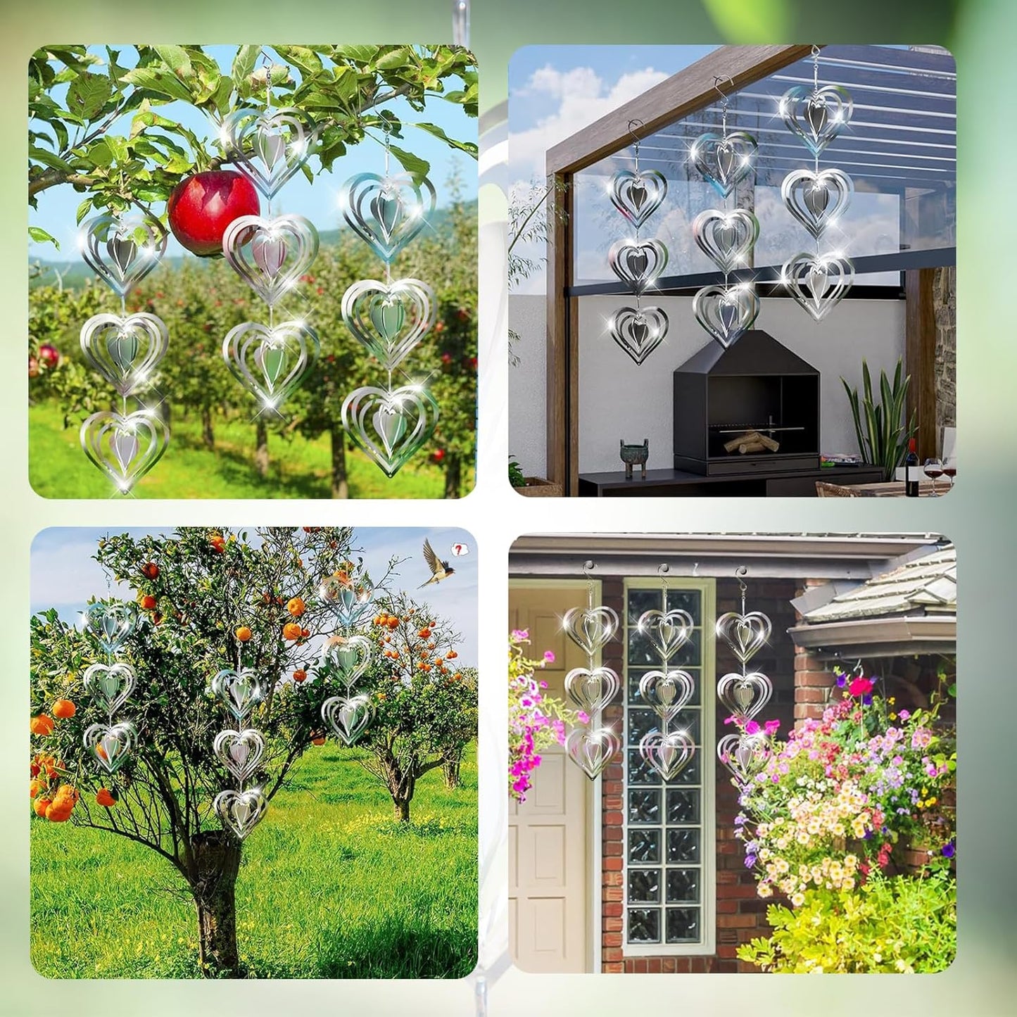 Stainless Steel Wind Spinner,3D Silver Indoor Outdoor Garden Decoration Crafts Ornaments,Metal Wind Chimes for Outside Decor,Decorations to Scare Away Yard Birds (Heart-Wind Sculpture)