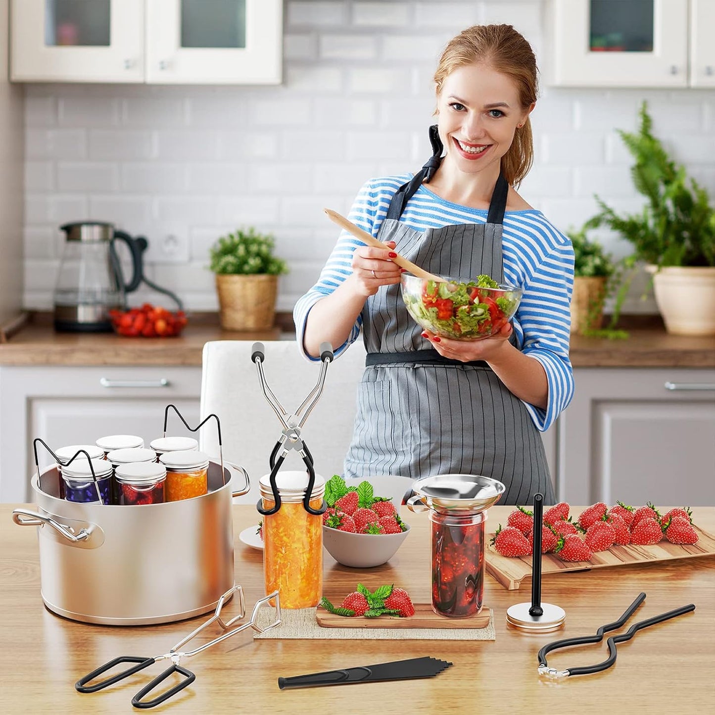 Pisol Canning Supplies Starter Kit, 7 Piece Canning Tools Set with Stainless Steel Rack, Wide Mouth Funnel, Kitchen Tongs, Jar Lifter, Magnetic Lid Lifter, jar Wrench, Bubble Popper