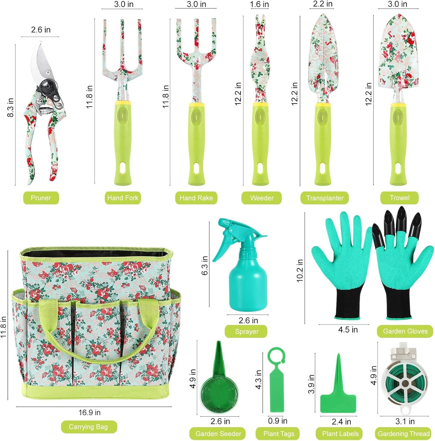 Gardening Tool Set - 13 PCS Heavy Duty Aluminum Gardening Tools Kit Fl
