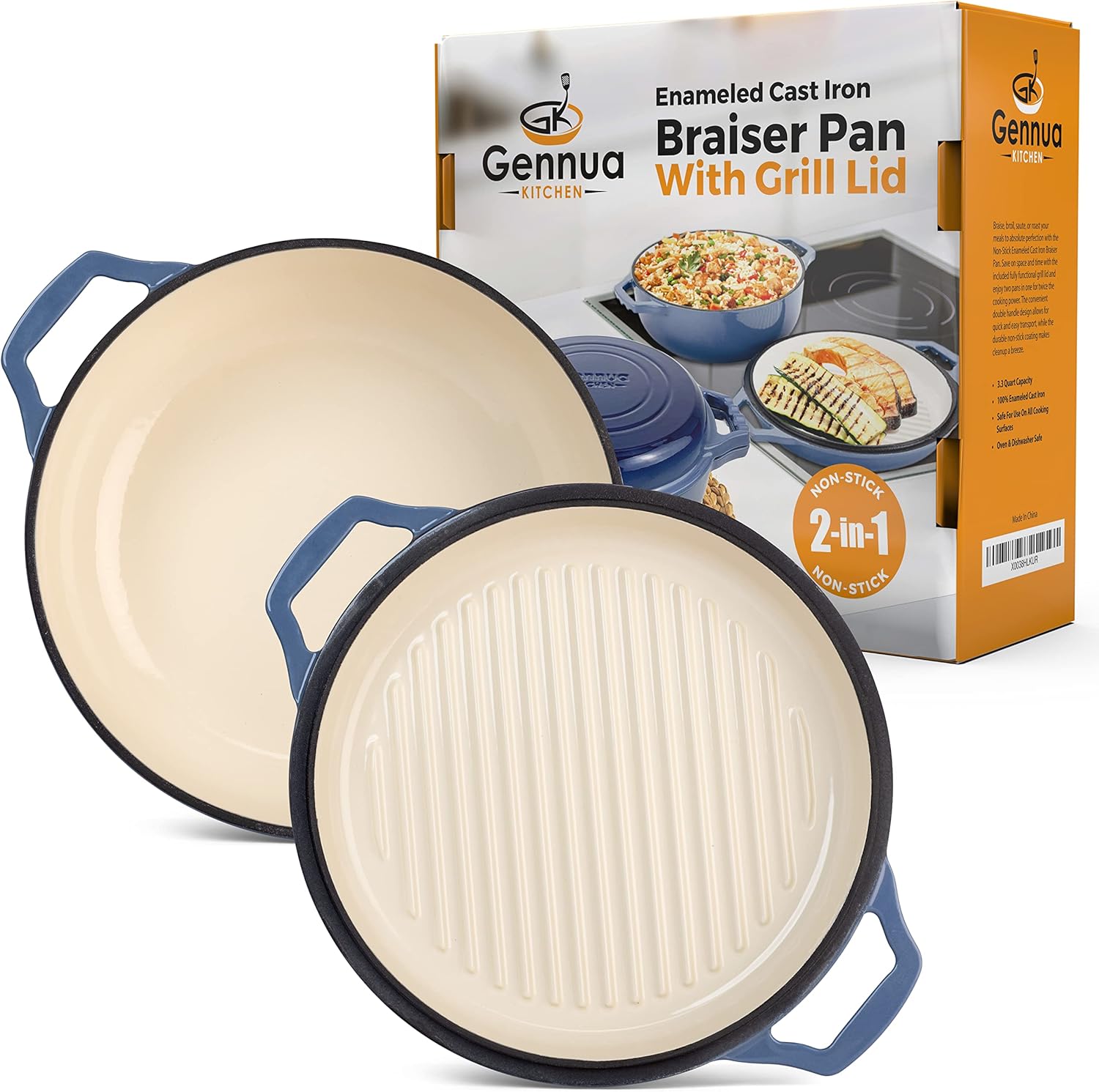 2-in-1 Enameled Cast Iron Braiser Pan with Grill Lid - 3.3-Quart Small
