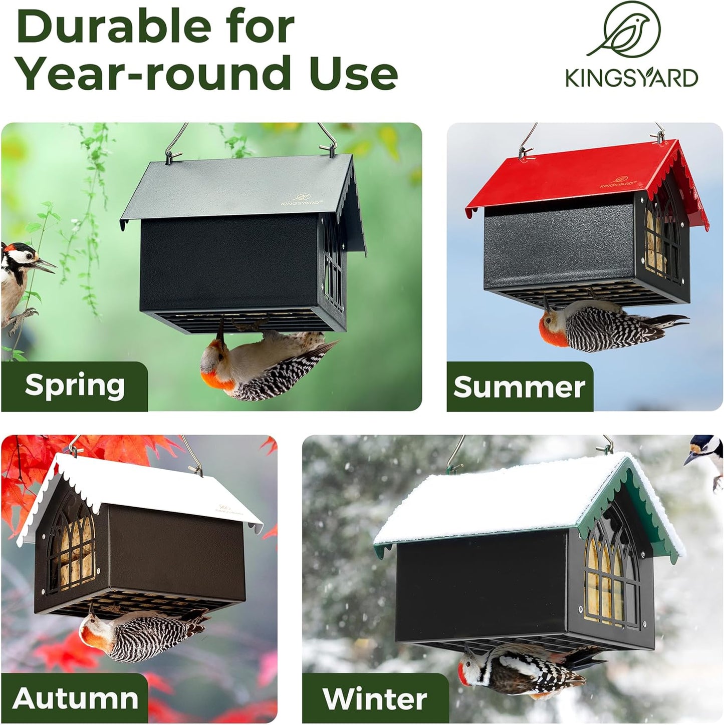 Kingsyard Double Upside Down Suet Feeder with Weatherproof Roof, All Metal Suet Feeders for Outdoors Hanging, Great for Downy Woodpecker Nuthatch Chickadee, Red
