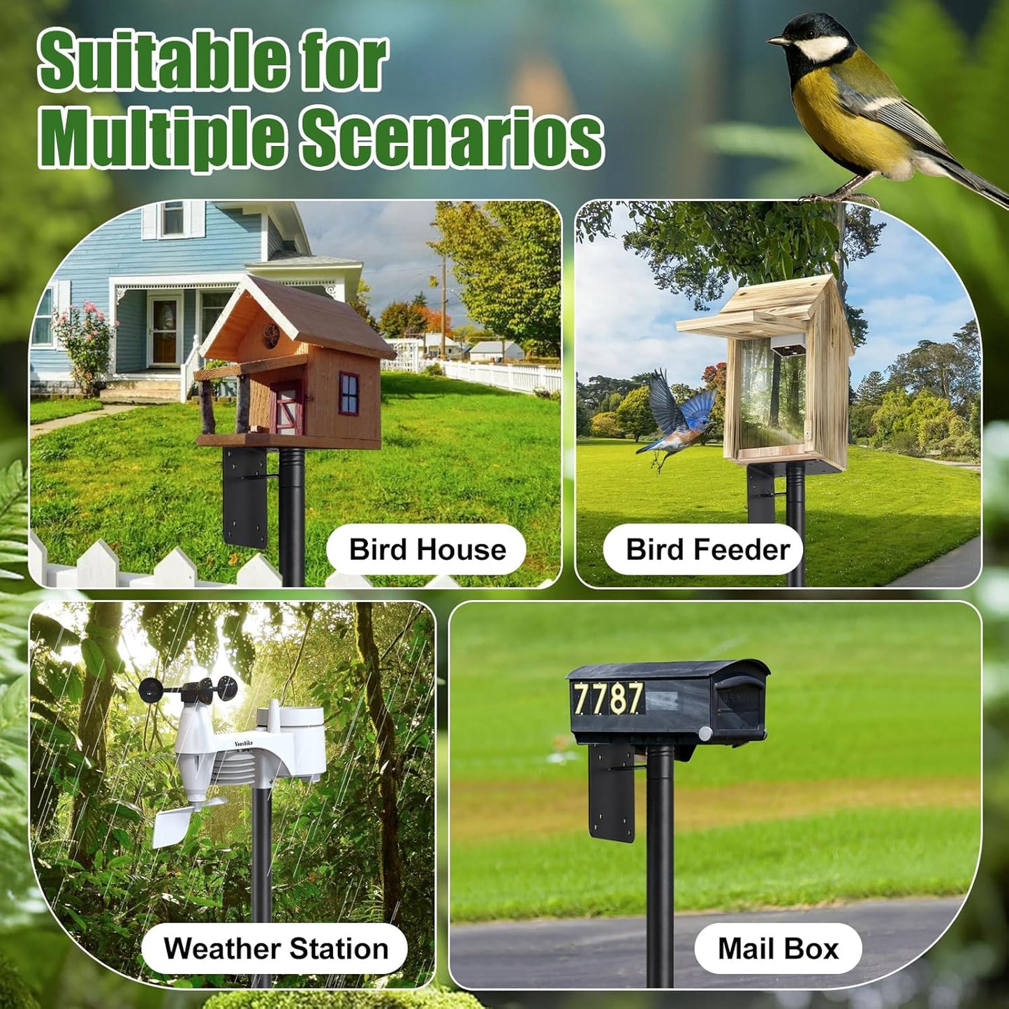 Bird Feeder Pole for Outdoors - 1.2 Inch Thick Metal Stake, Weatherproof Bird Feeder Stand for Yard & Garden - Sturdy Hanging Mount for Birdhouses & Feeders
