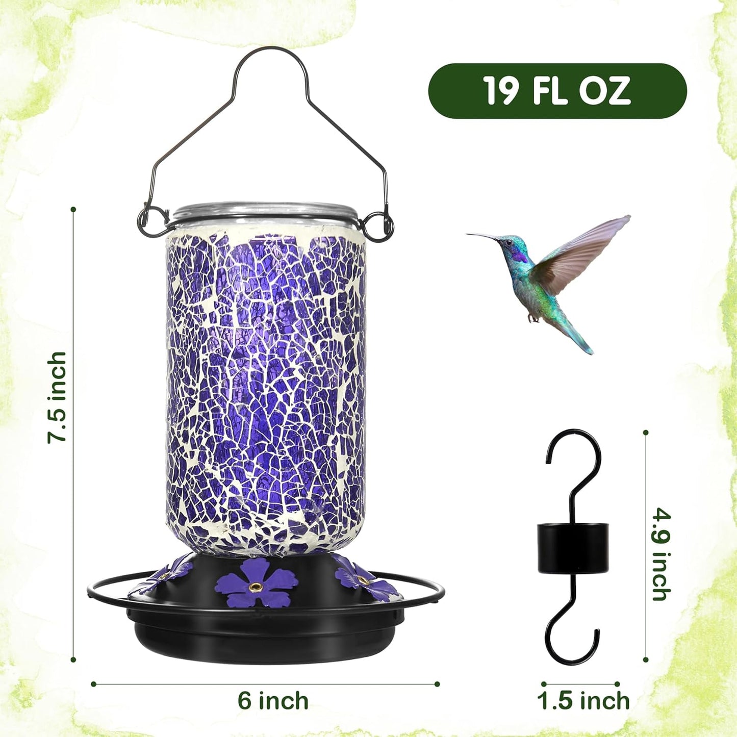 Glass Hummingbird Feeder,Purple Hummingbird Feeders for Outdoors Hanging, 19 Ounces, Mosaic Bottle Easy to Clean, 5 Feeding Ports, Ant Moat Included