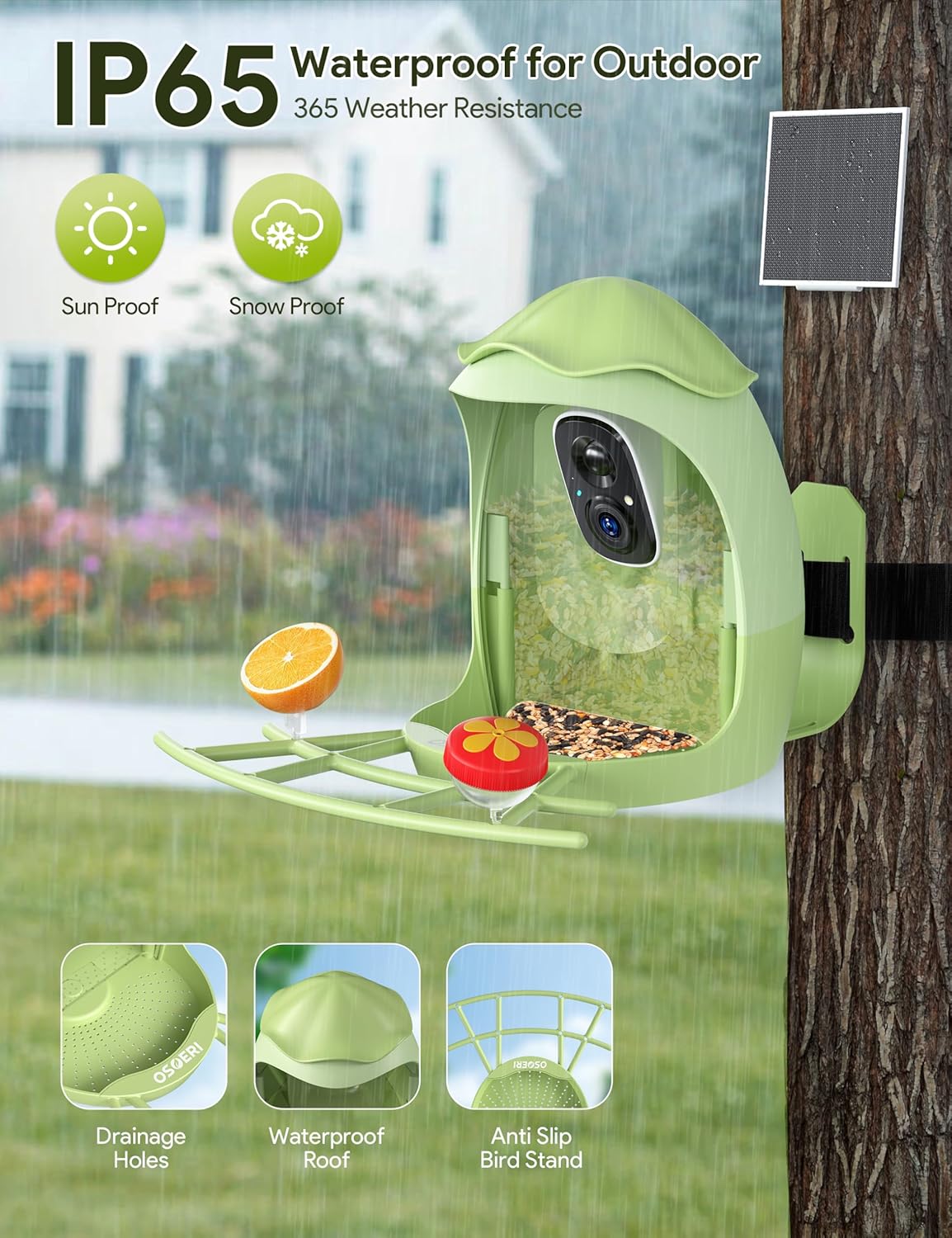 Osoeri AI Smart Bird Feeder with Camera - 2K HD Live Video & AI Identify Birds, Solar Powered Birdfeeder for Outdoors, 2.4GHz WiFi, Real-Time Alerts, Best Gifts for Bird Lovers & Families