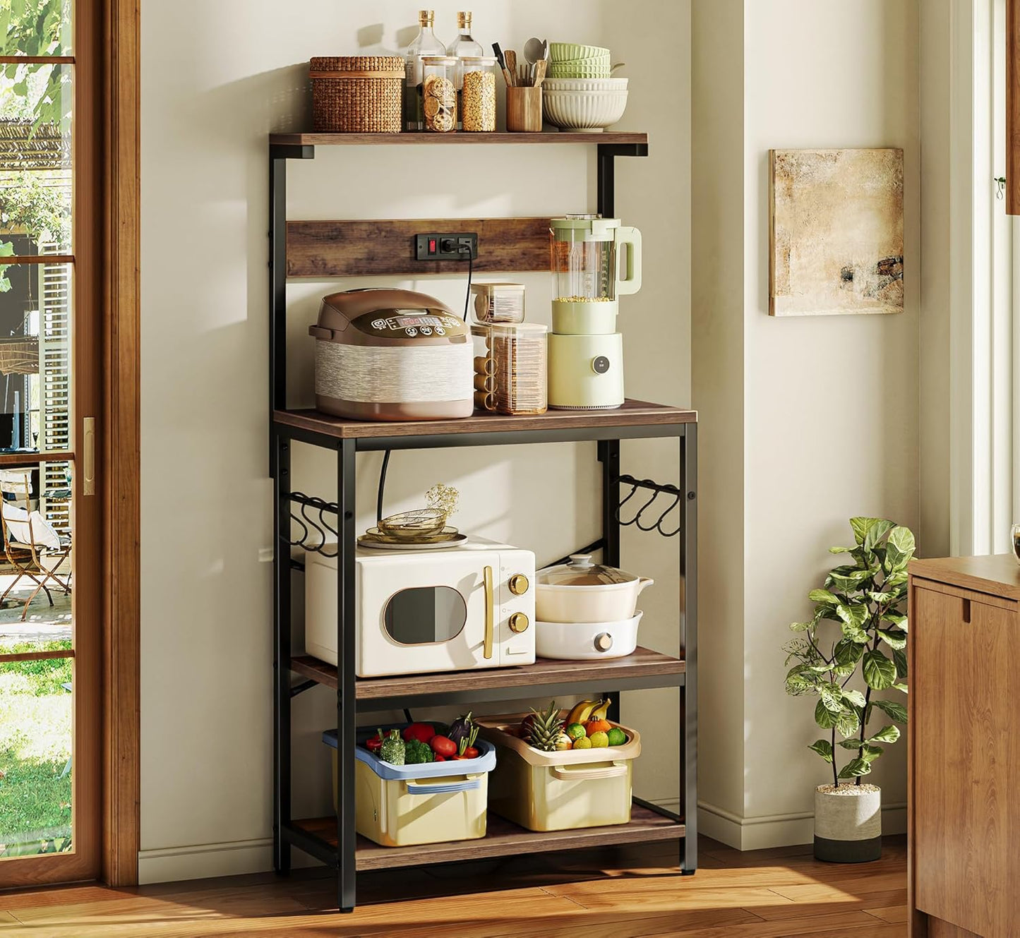 SUPERJARE Kitchen Bakers Rack with Power Outlet, Coffee Bar Table 4 Ti