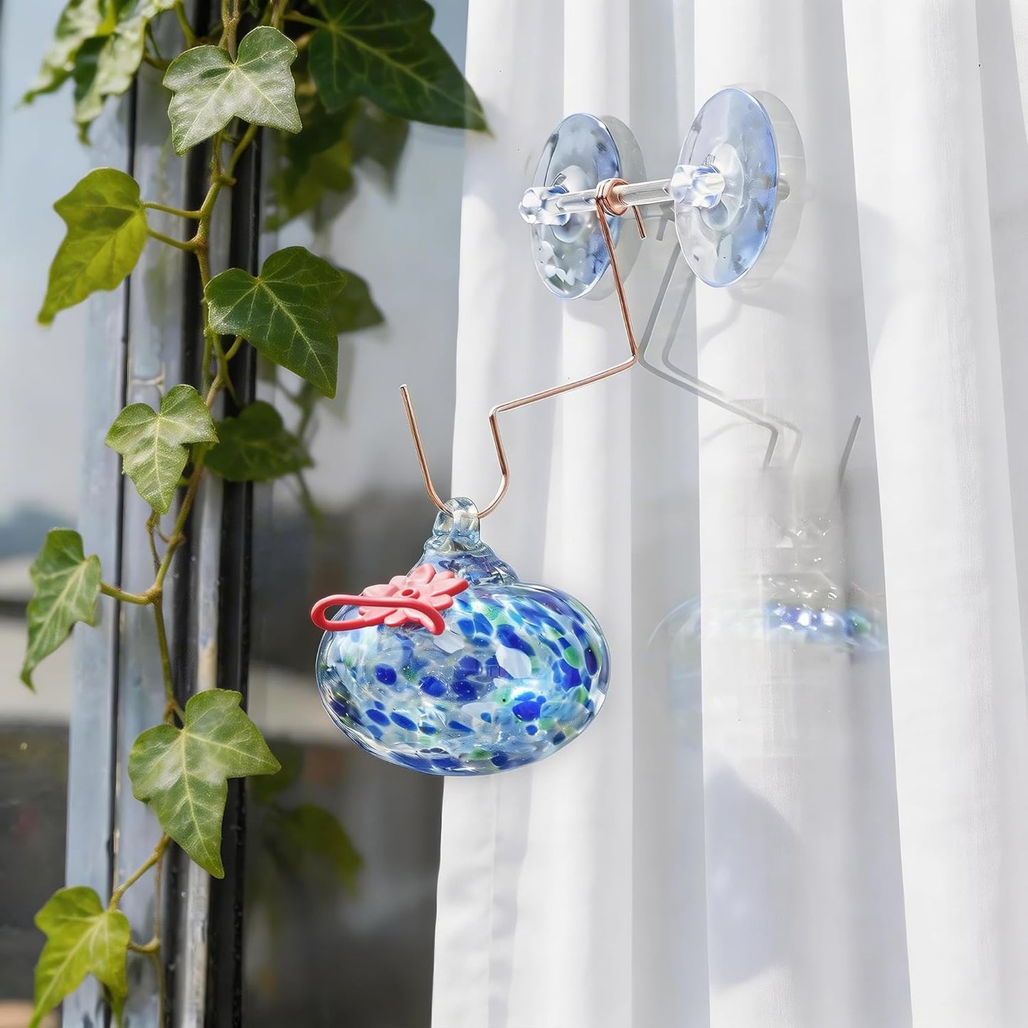 3inch Blown Glass Hummingbird Feeder with Suction Cups for Outdoor Glass Humming Bird Feeders with Hooks Garden Patio Decoration Gifts for Bird Lovers