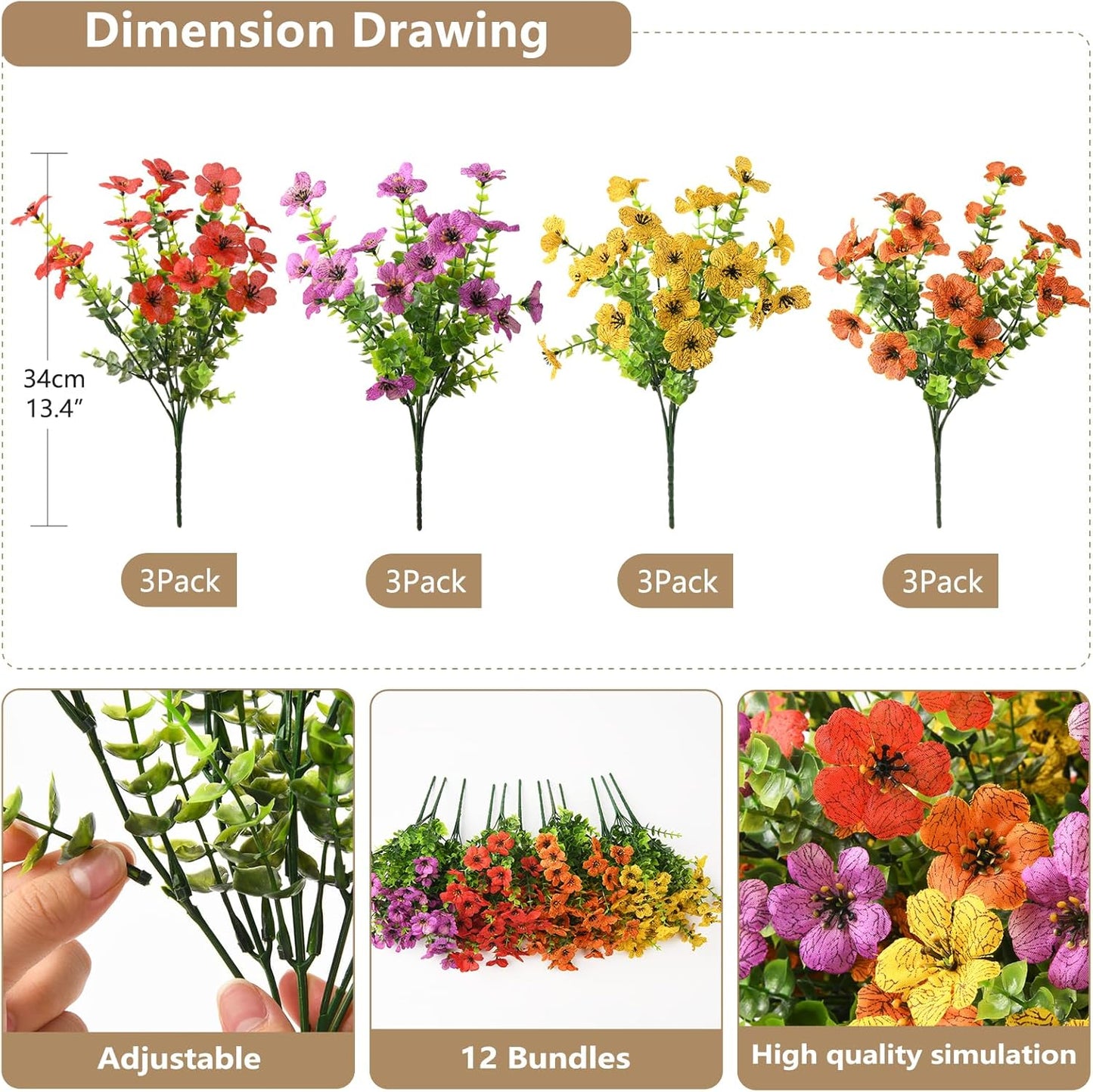 Artificial Flowers Faux Plants Outdoor Fake Flowers Spring Decor,12 Bundles Realistic Plastic Plant Colorful Daisy UV Resistant for Porch Patio Home Yard Garden Window Box Pot Planters