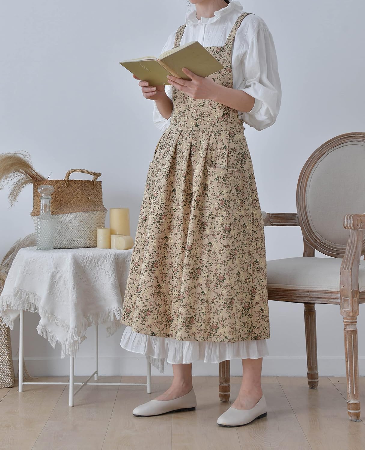 Japanese Cotton Linen Cross Back Apron with Pockets,Fashion Pinafore D