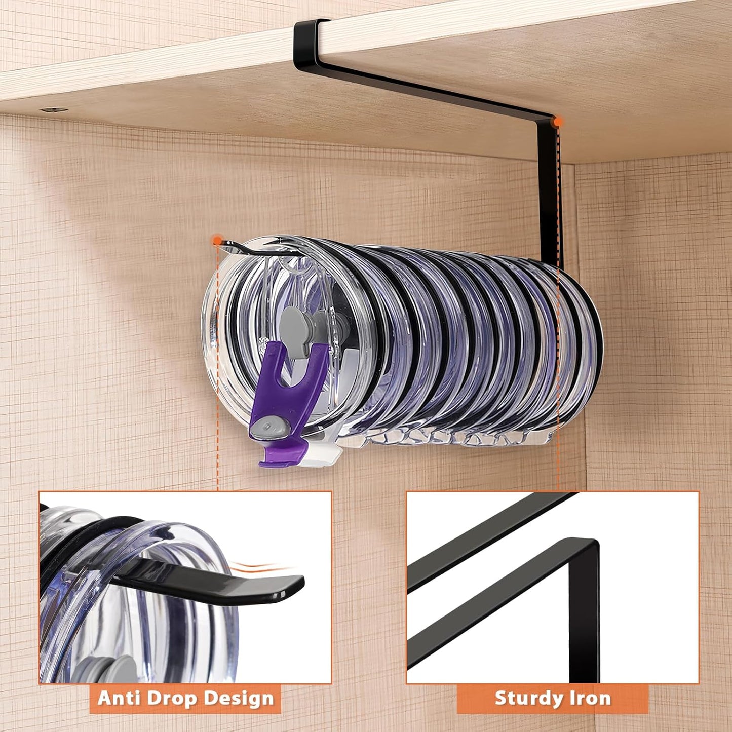 Tumbler Lid Organizer, Horizontal Tumbler Lid Storage Hook Up to 10 Li