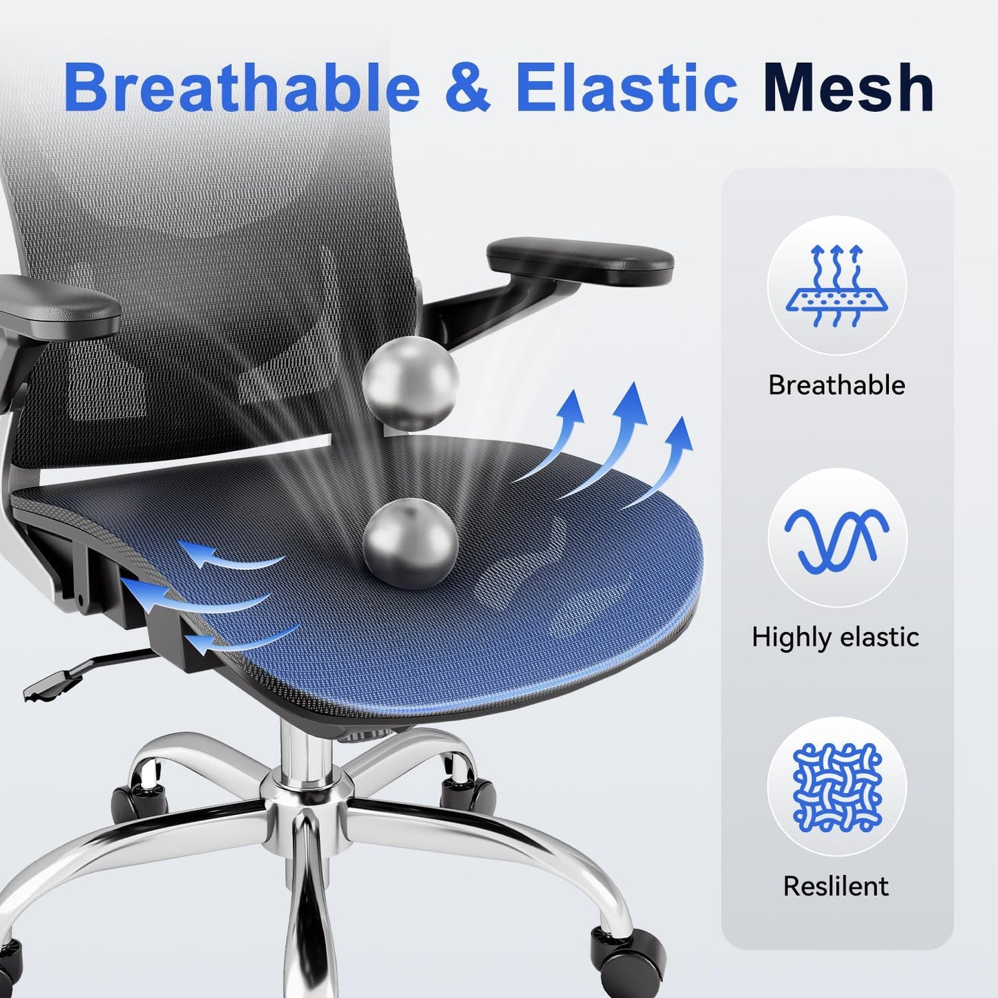 Ergonomic Office Chair, Mesh Seat Cushion with 3D Armrests and 3D Head