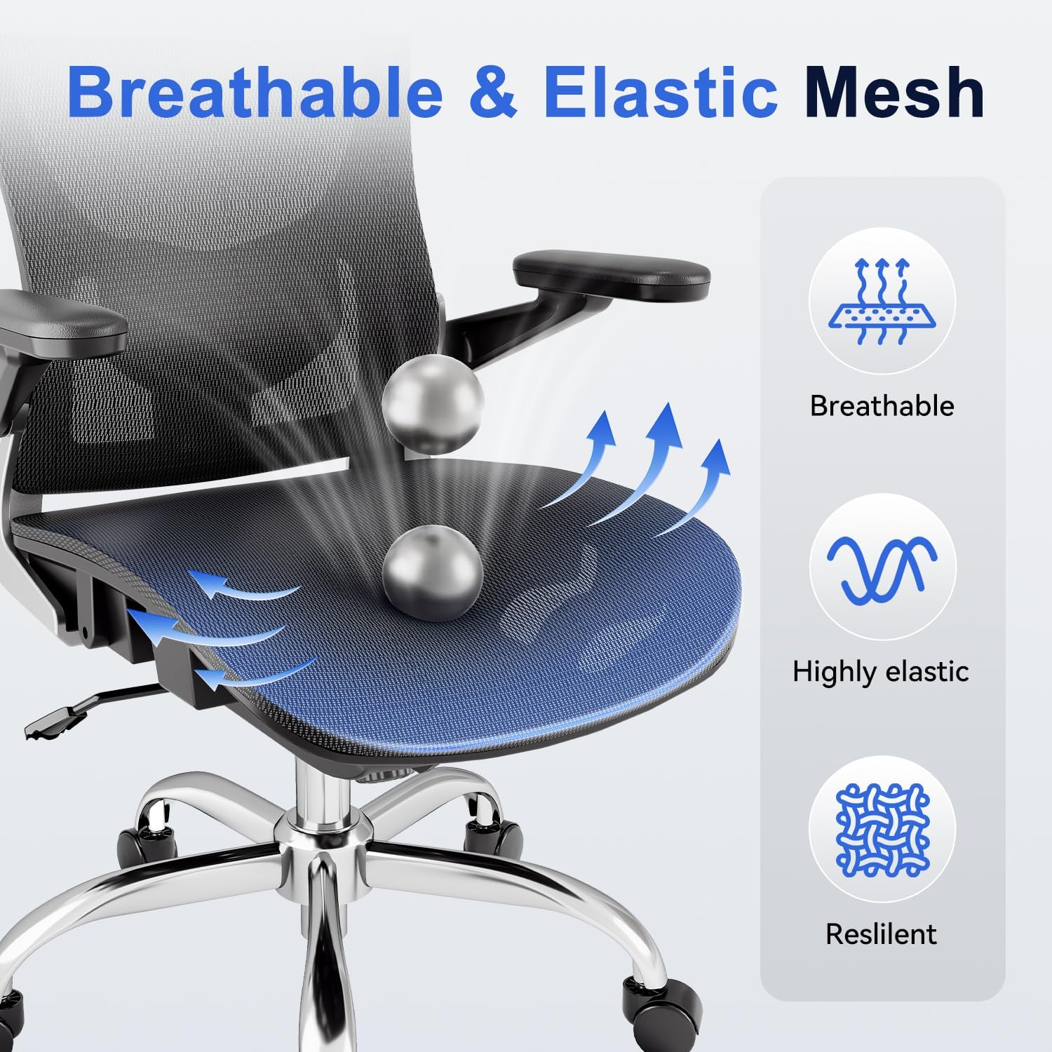 Ergonomic Office Chair, Mesh Seat Cushion with 3D Armrests and 3D Head