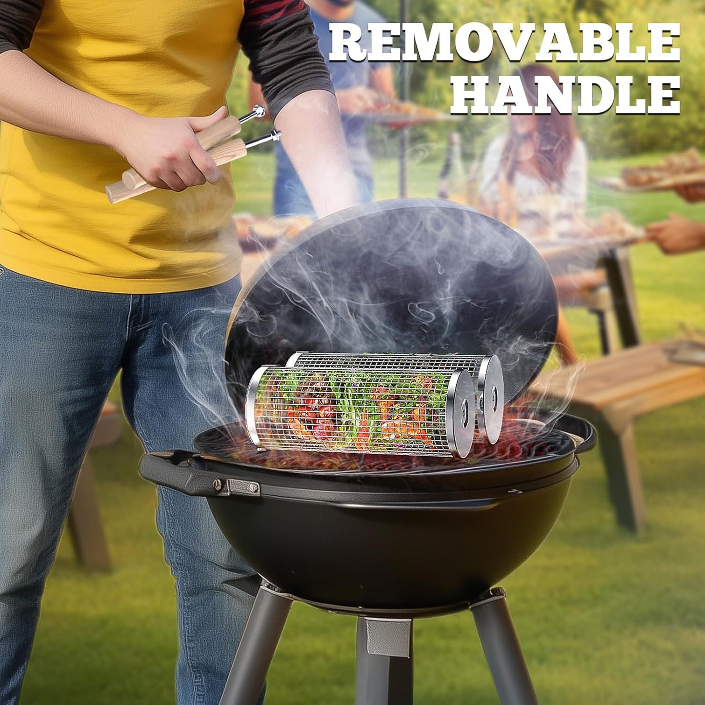 Rolling Grill Basket, Removable Wooden Handle, 304 Stainless Steel, Ne