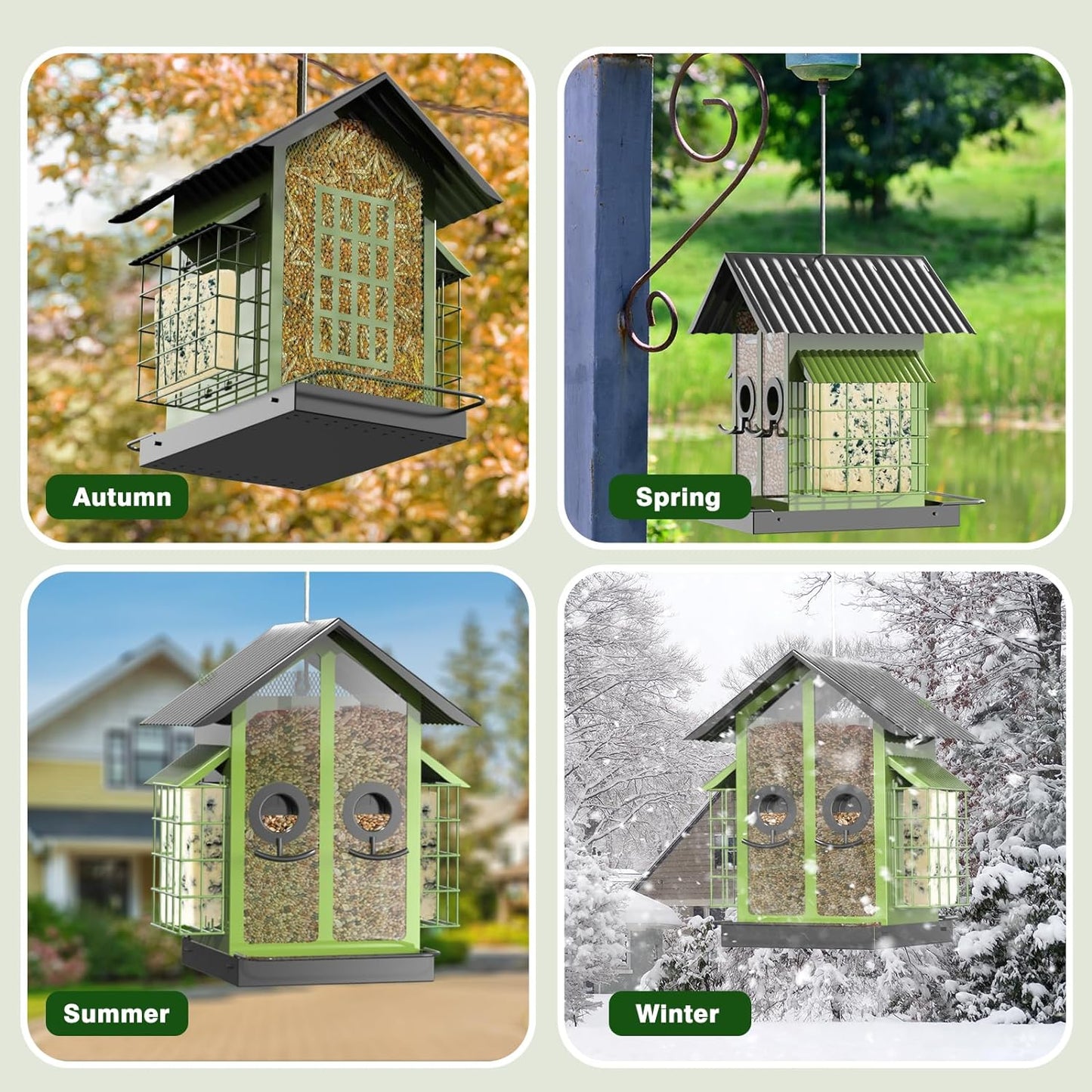 Bird Feeders for Outdoors, Metal Bird Feeder with Double Suet Cage Weatherproof Metal Roof, 2 in 1 Mixed Seeds Suet Feeder, 4Lbs Large Capacity, Great for Finch、Cardinal、Chickadee（Green）