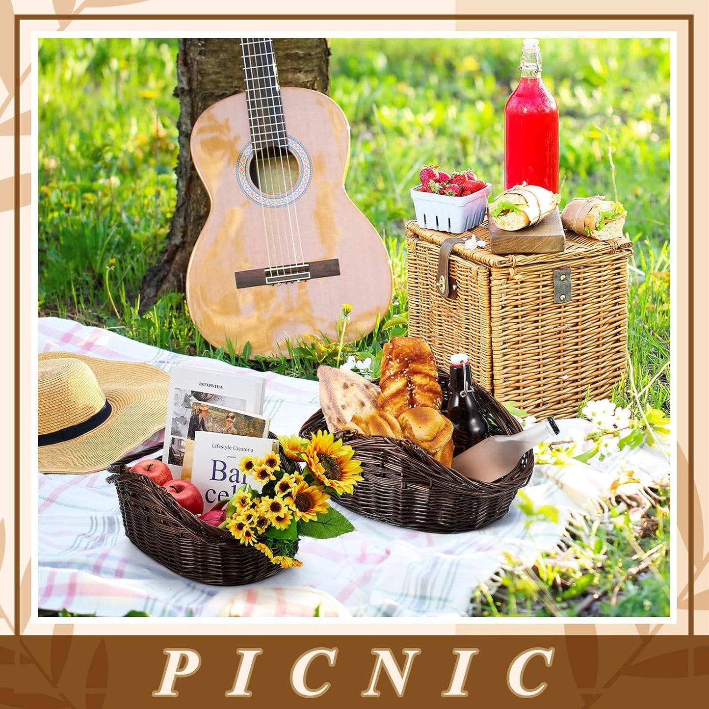 Juexica 2 Pcs Wicker Basket Set - Harvest Baskets for Gathering, Foraging, Garden Trug, Easter, Flowers, Fruit, Storage & Organizing Gift, Large & Medium Dark Brown