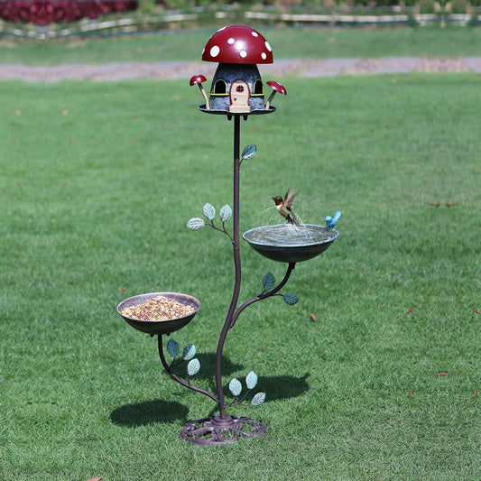38" H Cast Iron Pedestal Bird Bath, BirdBaths for Outdoors with Metal Birdhouse Birdfeeder 3-in-1, Garden Yard Lawn Decor