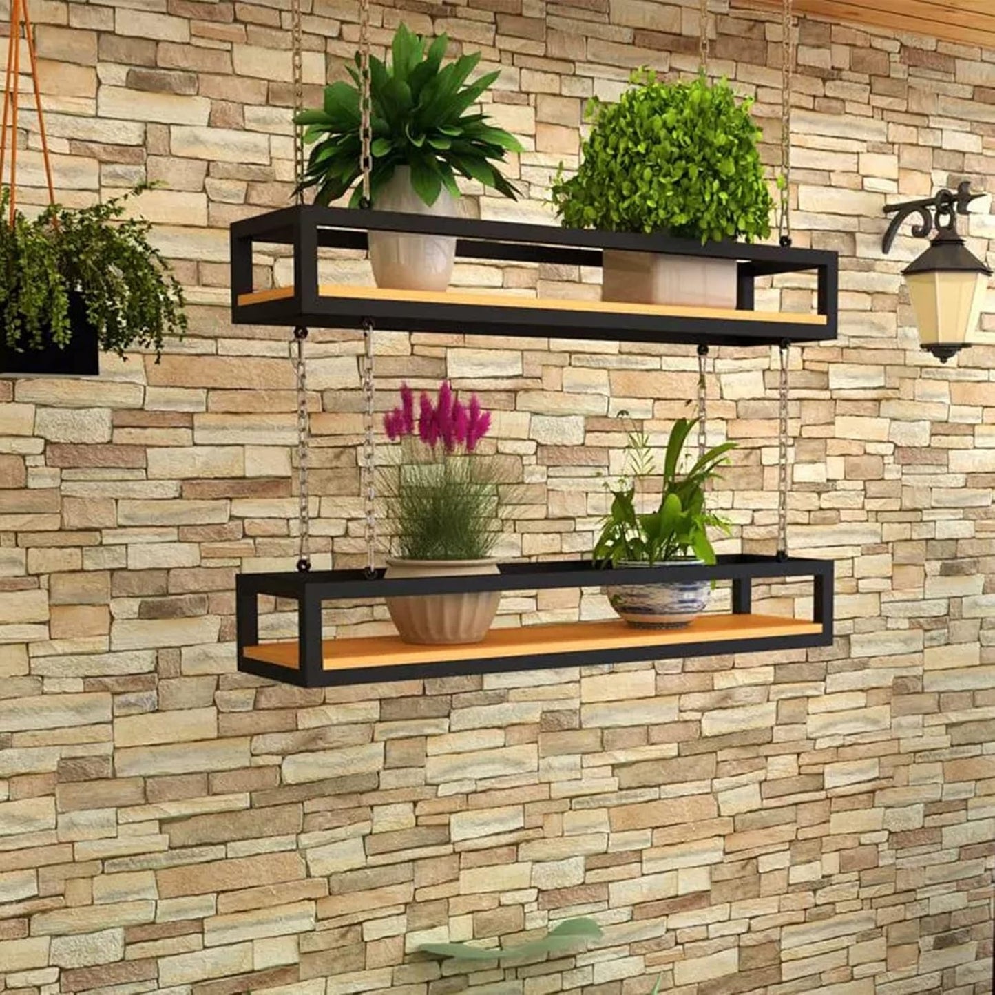 Creative Hanging Flower Pot Display Rack, Solid Wood & Iron Frame Plant Shelf, 4-Tier Ceiling Storage Shelf for Indoor/Outdoor Plants (40x25x15cm)