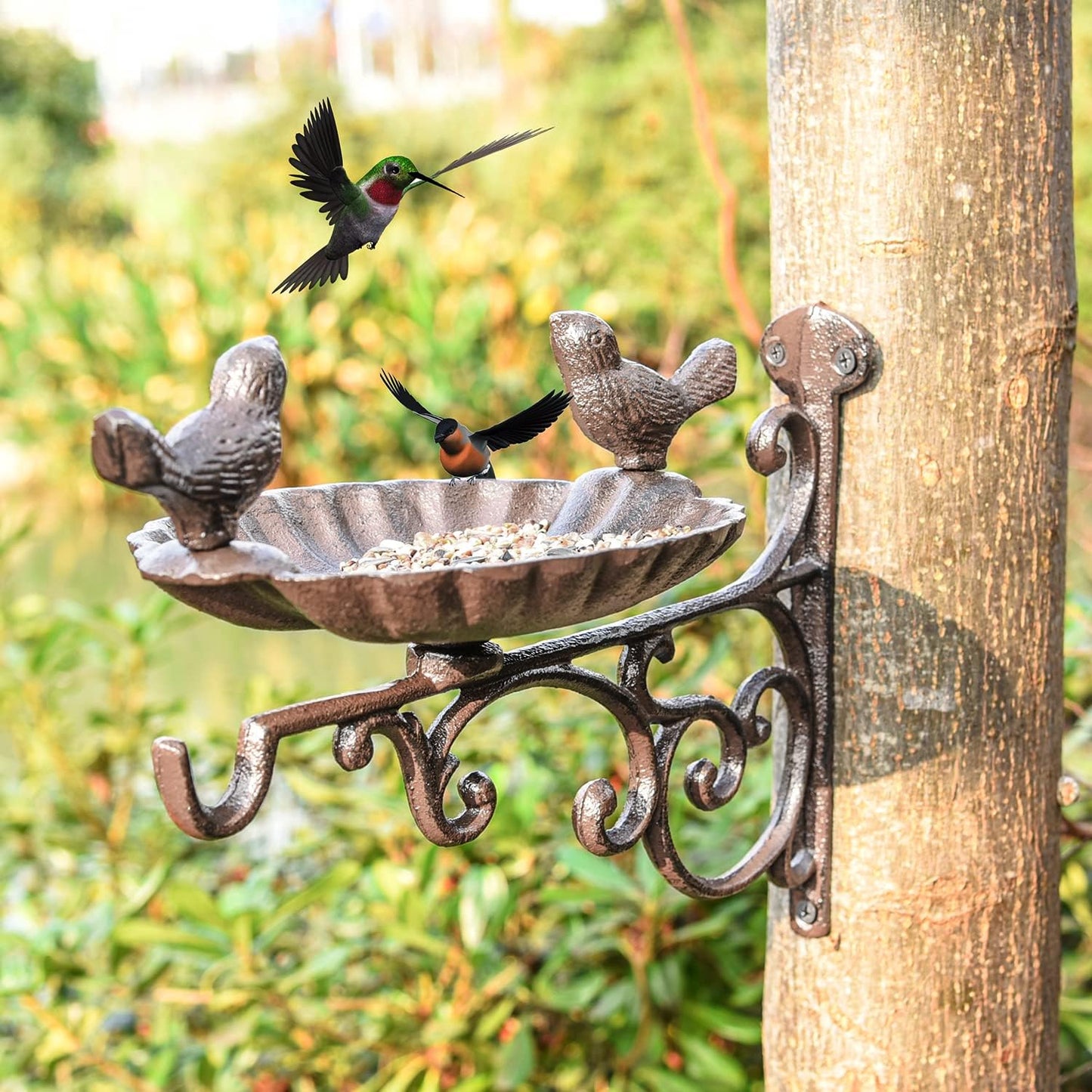 Sungmor Heavy Duty Cast Iron Bird Feeder with Hanging Bracket - Wall Mounted Bird Bath - Vintage & Lovely Birds Hanger Wall Hook for Planters, Lanterns, Wind Chimes and More Garden Decorative Items