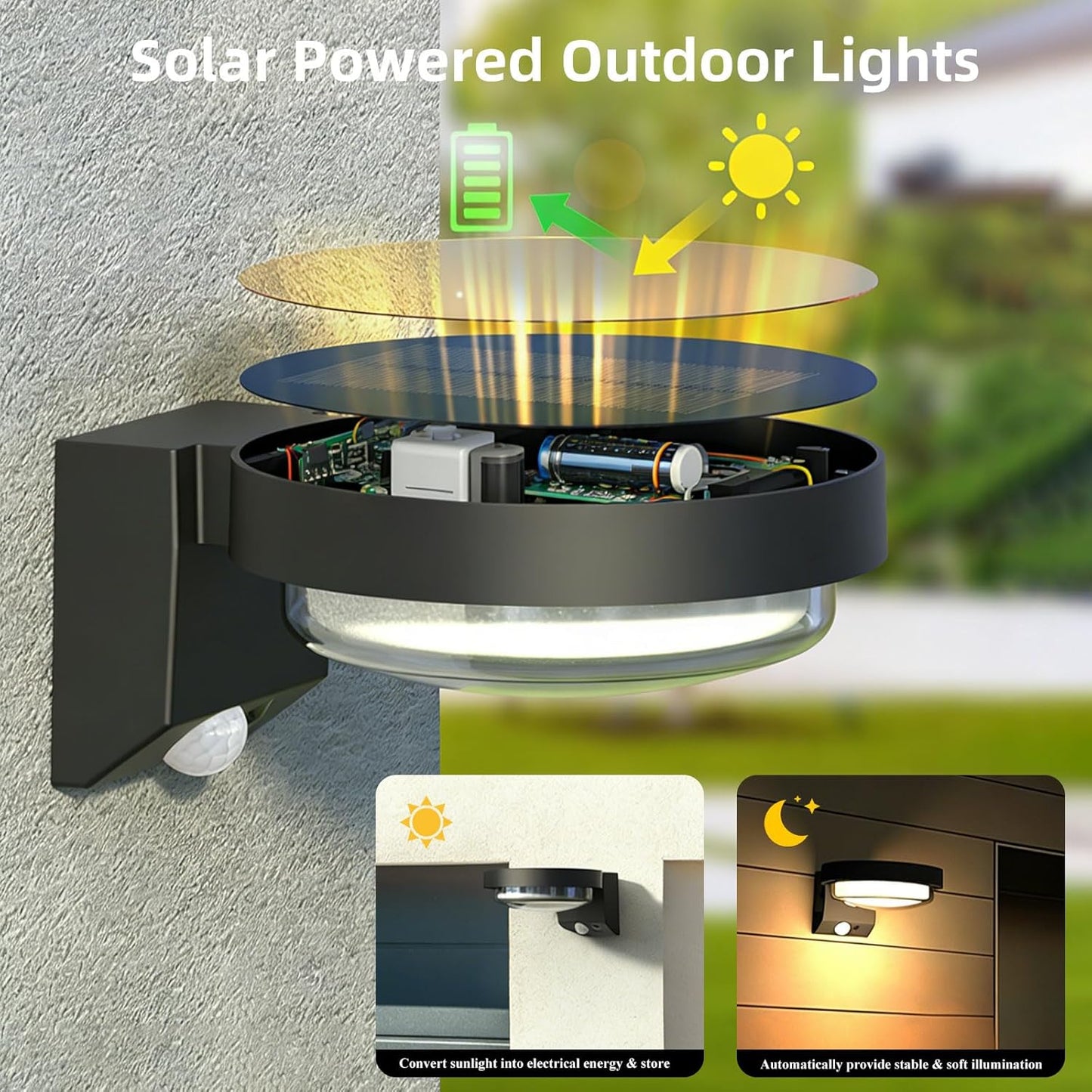 Solar Wall Light, Motion Sensor Outdoor Lights with 3 Modes, 1200mAh Cordless LED Porch Light,Exterior Lighting fixtures, Waterproof Outdoor Wall Sconce for Yard Garden Fence Patio Garage (Black-1PC)
