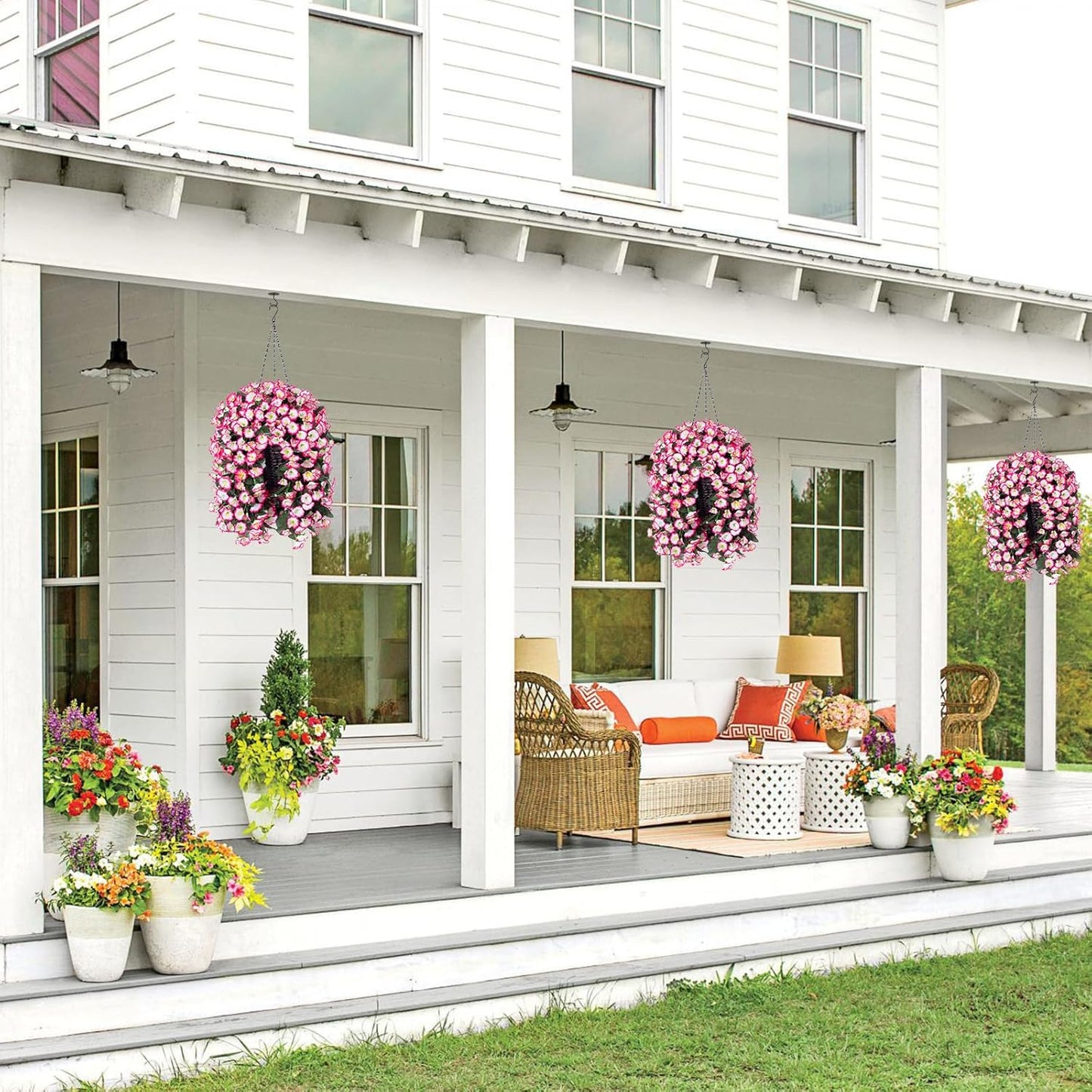 Artificial Fall Hanging Flowers in Basket Fake Plant for Outside, Silk Pink Morning Glory Flower Arrangement for Outdoor Decor, UV Resistant Realistic Floral Planter for Porch Patio Balcony