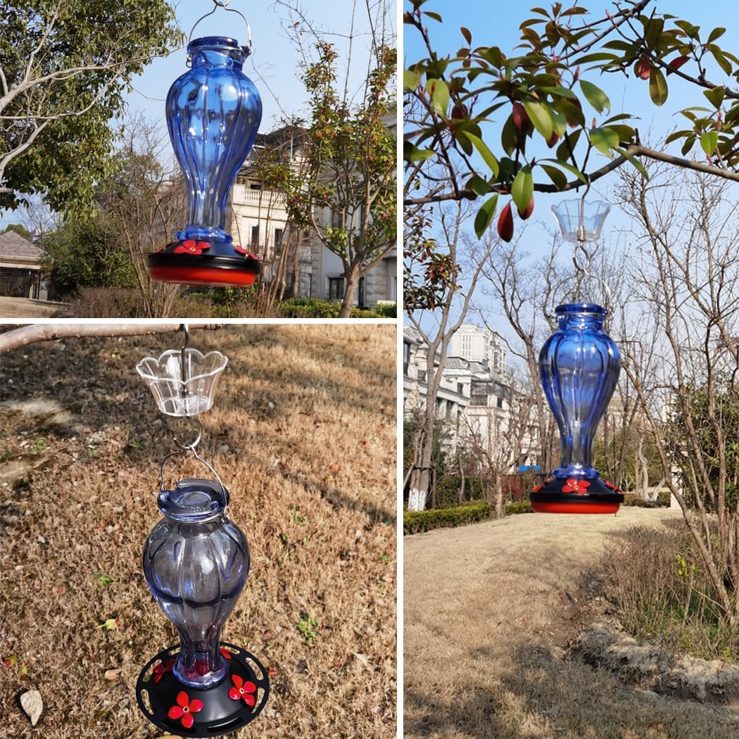 Hummingbird Feeder for Outdoors Hanging - Blue Glass Nectar Feeding Bo