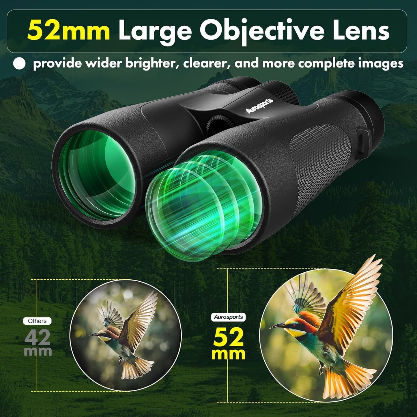 Aurosports 15x52 Waterproof Binoculars for Adults - Large View High Powered Binoculars with IPX7 Nitrogen-Filled - Low Light Vision Binocular for Bird Watching Hunting Cruise Hiking Sports Black