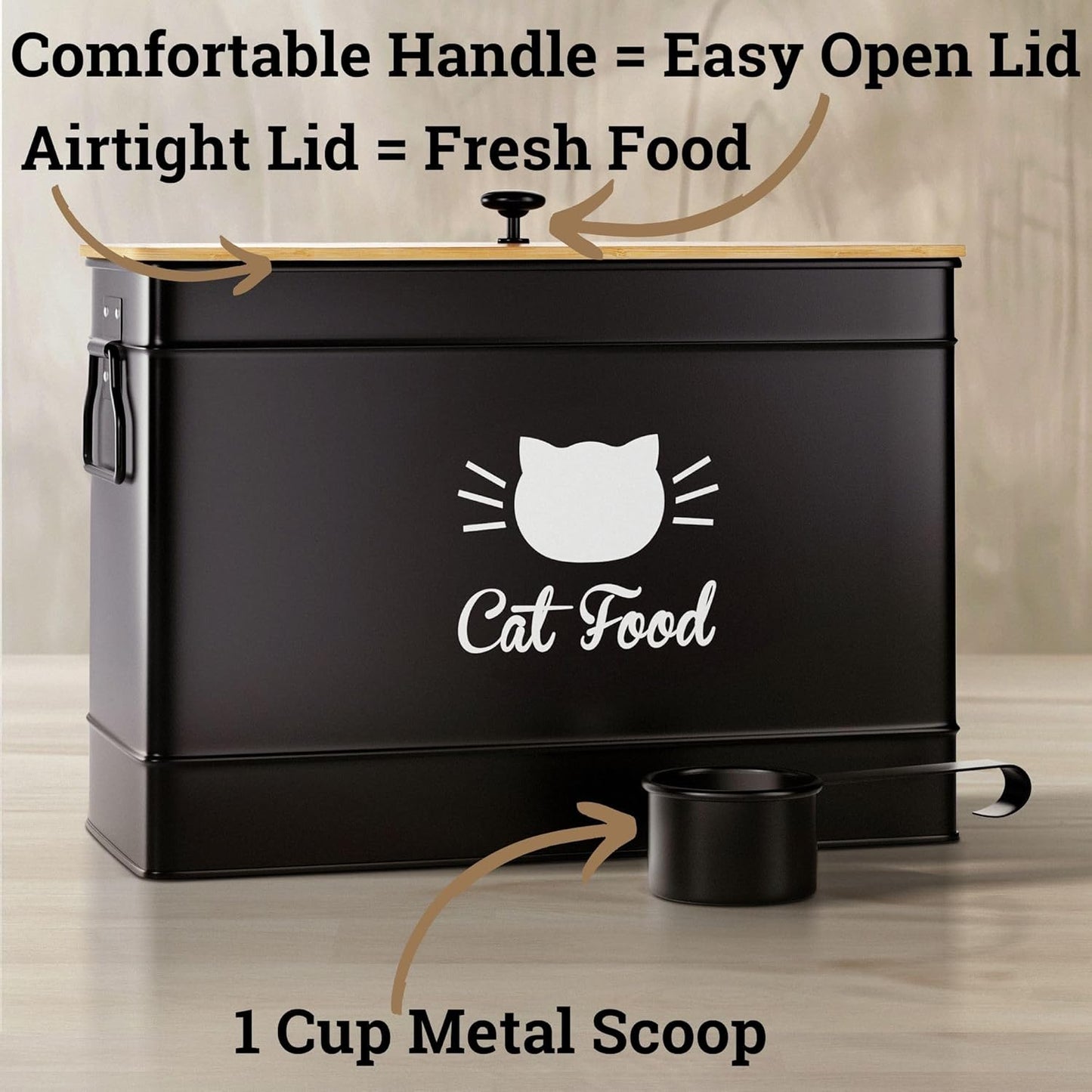 Cat Food Storage Container with Scoop - 15 lb (50 Cup) Capacity Metal 