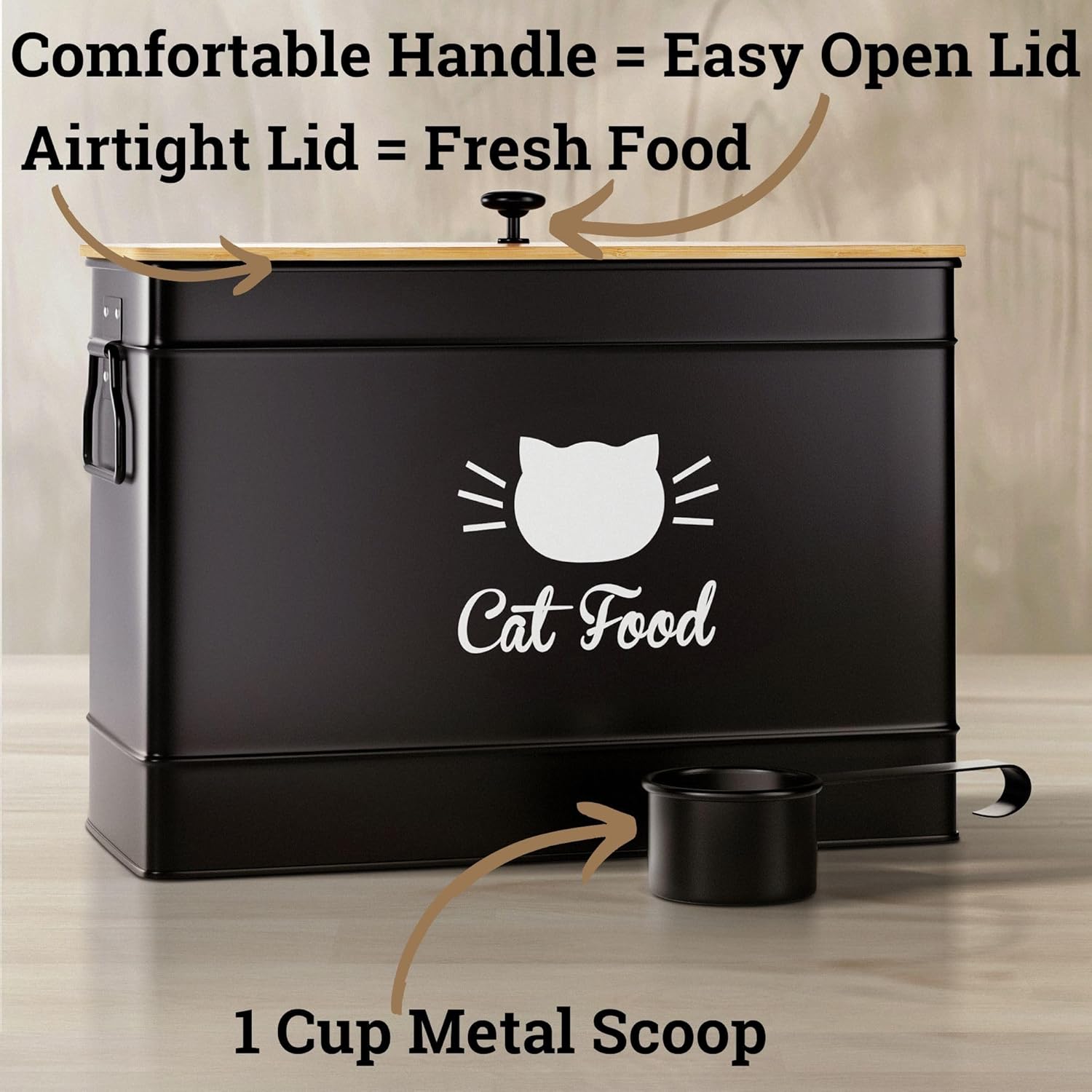 Cat Food Storage Container with Scoop - 15 lb (50 Cup) Capacity Metal 
