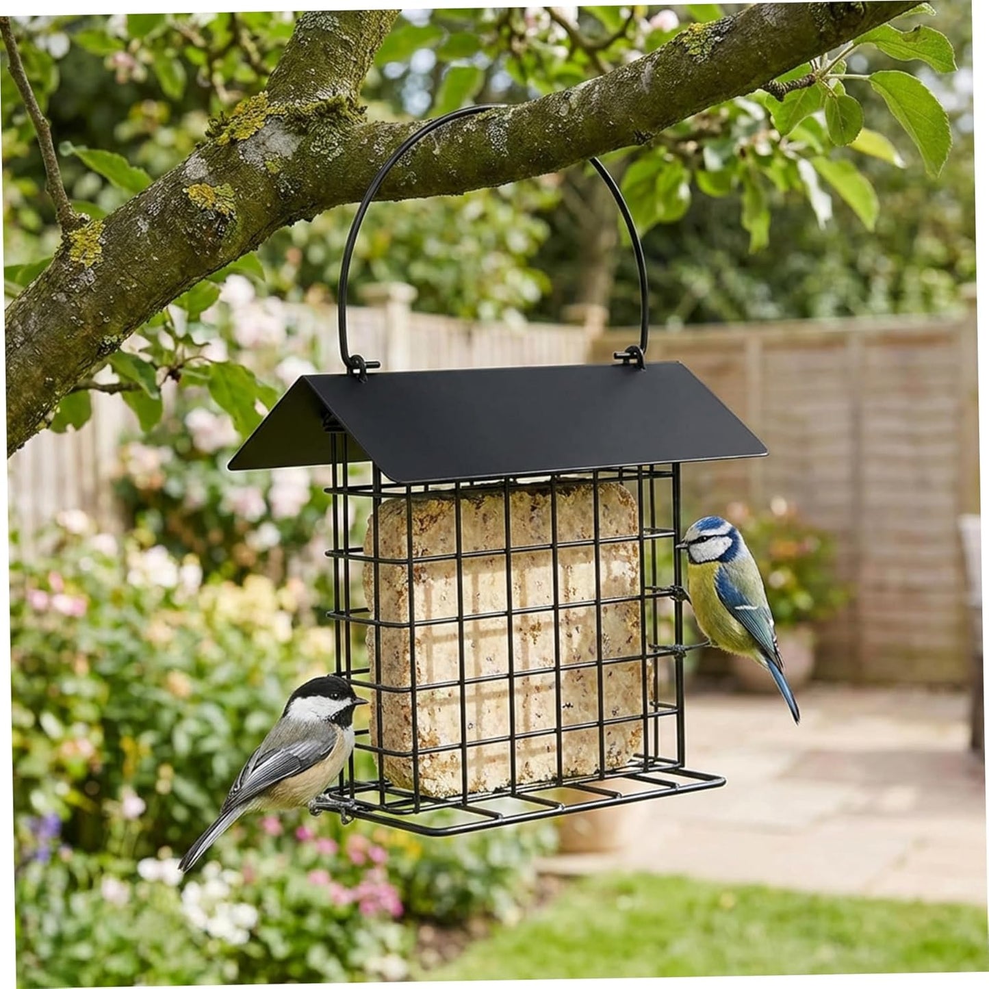 Hanging Bird Feeder Metal Squirrel-Proof Weatherproof Bird Feeders for Outside Large Capacity Wild Birds Feeder with Roof Black Hanging, Feeders for Outdoors, Fe