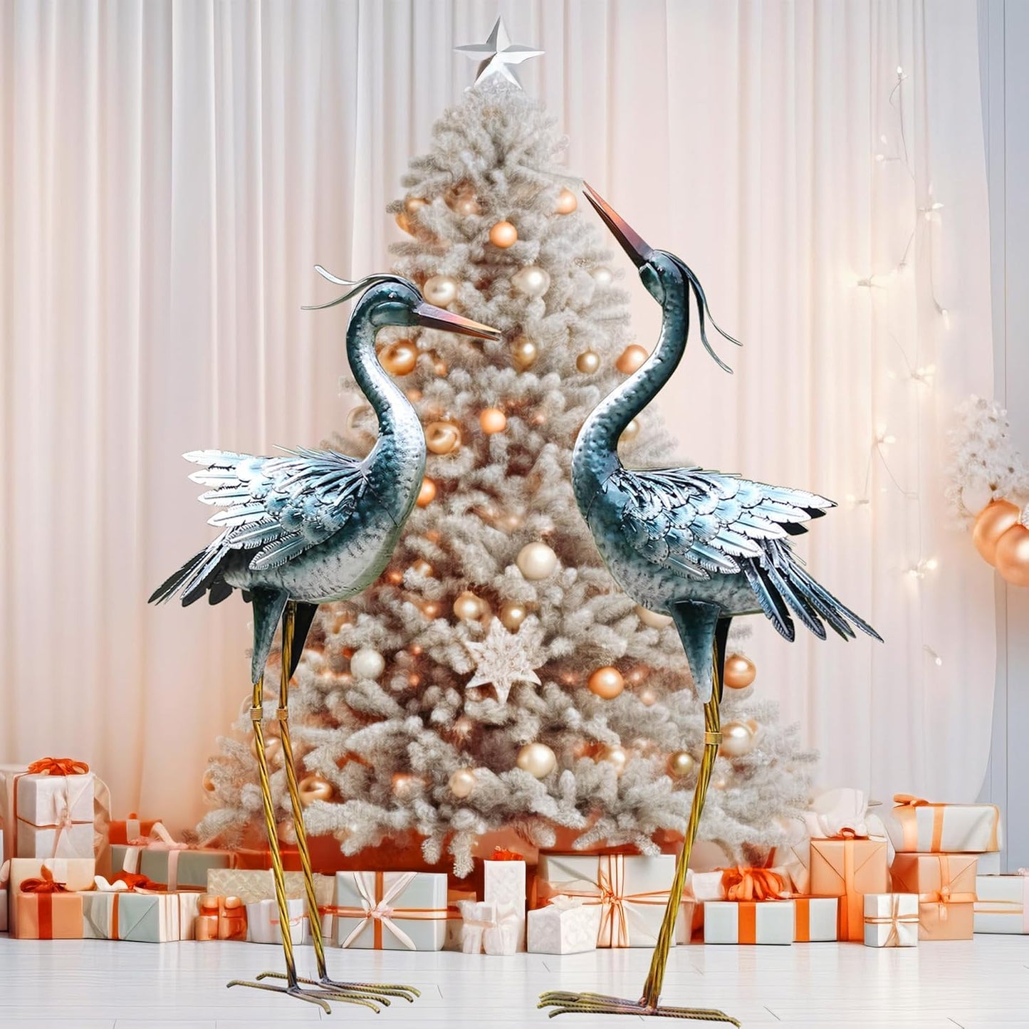 chisheen Large Garden Crane Statues Outdoor Sculptures, Metal Yard Art Heron Decor Standing for Indoor Outdoor Decor, Bird Statues for Patio Lawn Porch Decorations, Set of 2