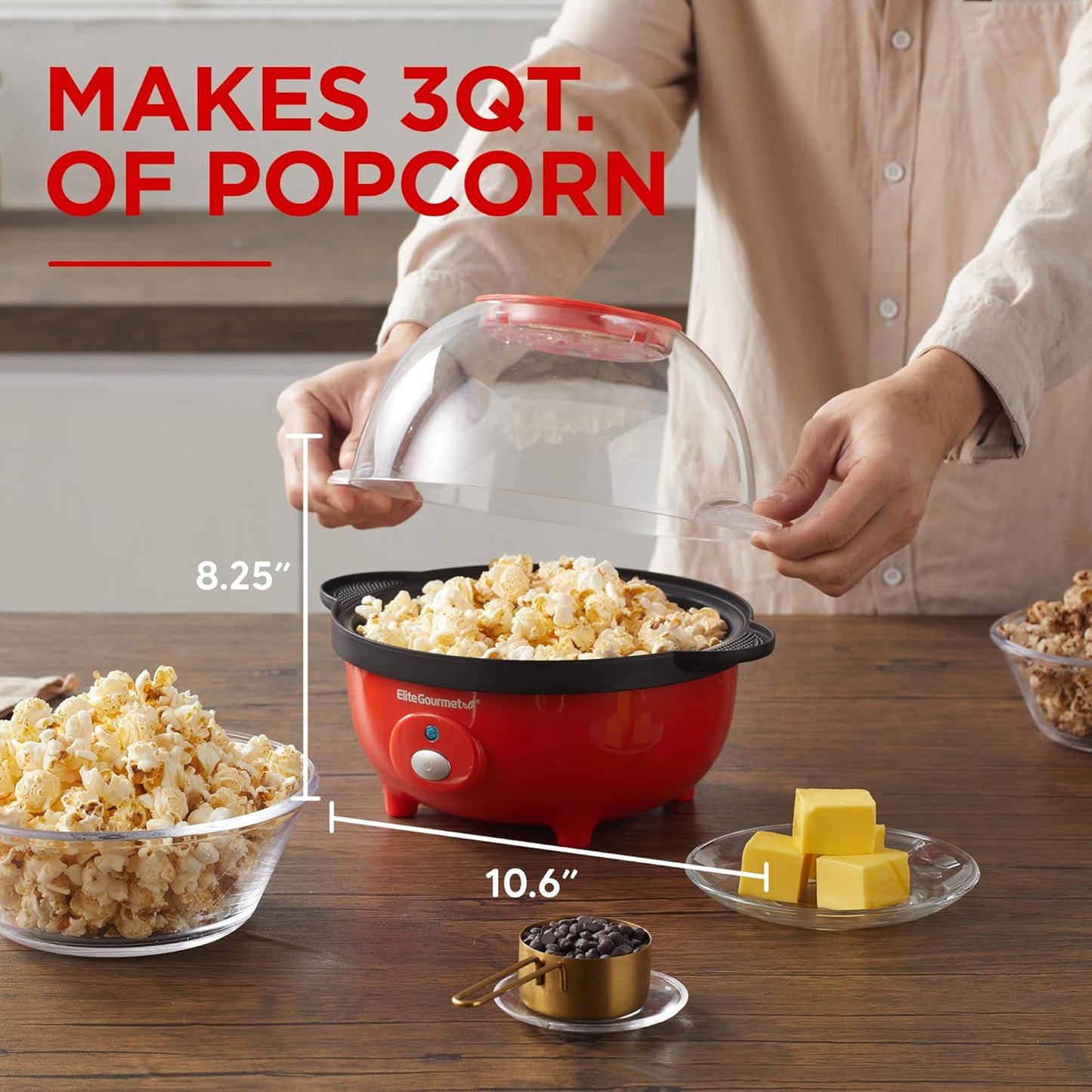Elite Gourmet EPM330R Automatic Stirring 12-cup Popcorn Maker Popper, Hot Oil Popcorn Machine w/Measuring Cap & Built-in Reversible Serving Bowl, Great for Home Party Kids, Safety ETL Approved, Red