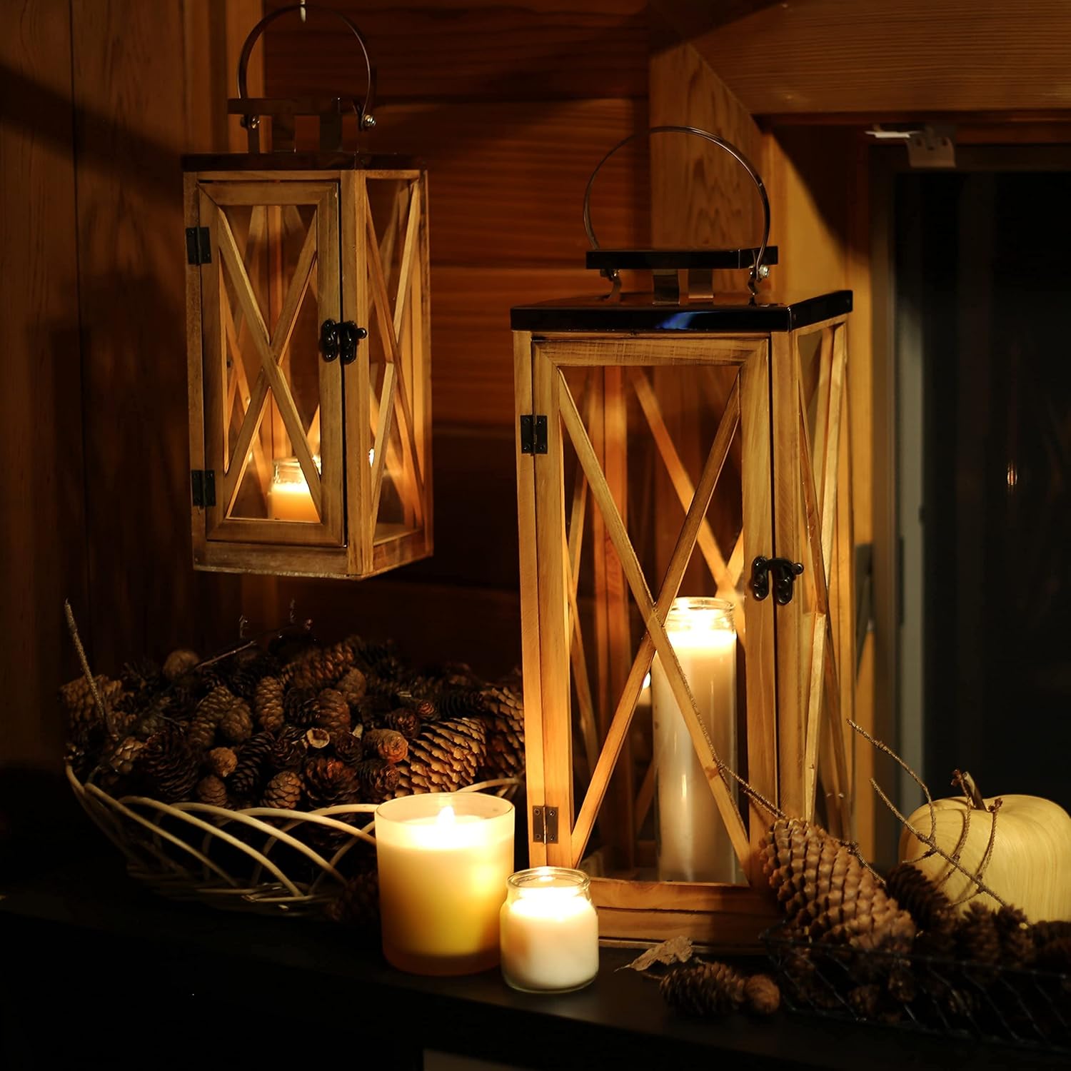 Wooden Candle Lantern Decorative Set of 2, Patio Decor with Stainless 