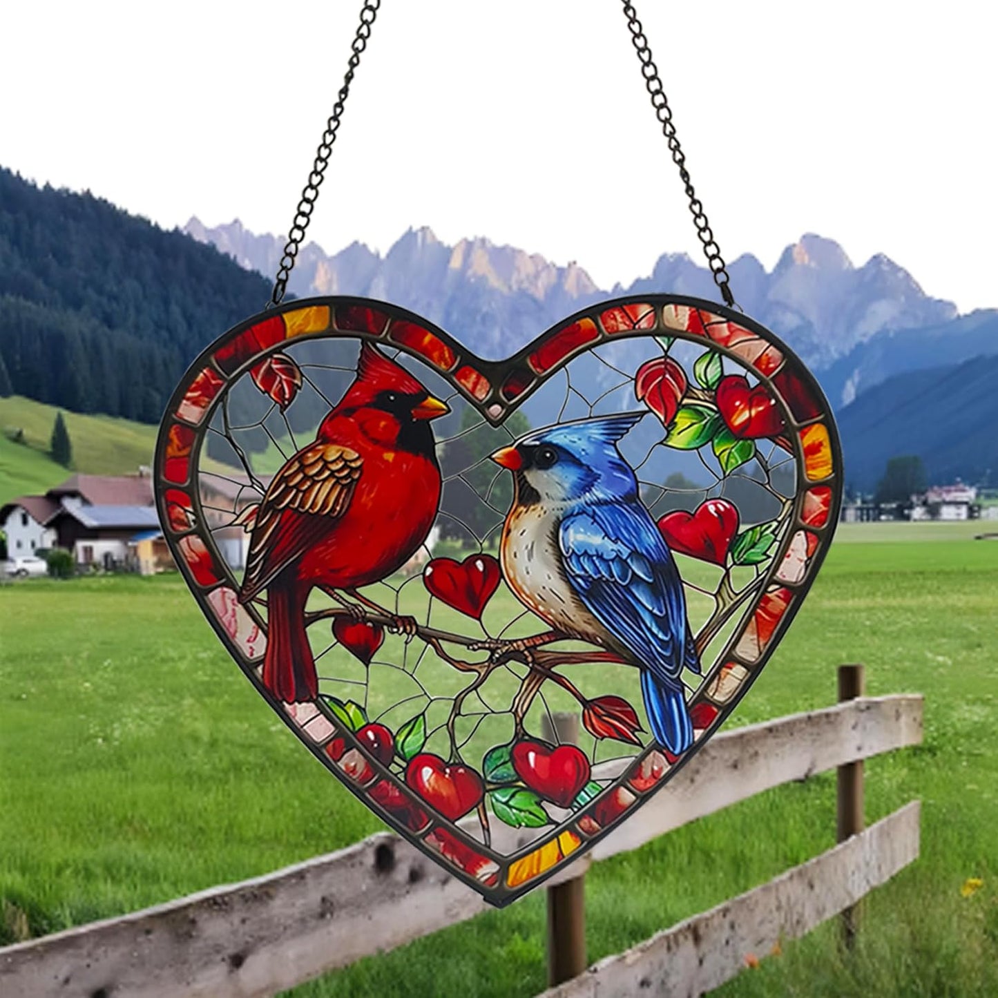 Heart-Shaped Stained Glass Window Hanging, 7.9 in Cardinal & Blue Jay Birds Sun Catcher Indoor Window Decor, Colorful Glass Art Panel for Home, Garden, Valentine’s Gift