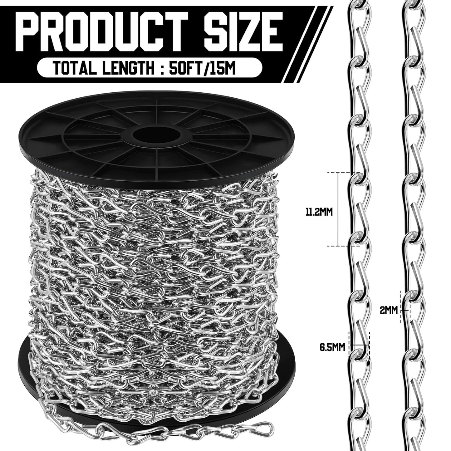50ft Silver Jack Chain with 10 Pcs S Hooks Galvanized Steel Twist Chain with Spool-weldless for Hanging Fixture, Bird Feeders, Overhead Lights, Artworks, Flowerpots(2mm)