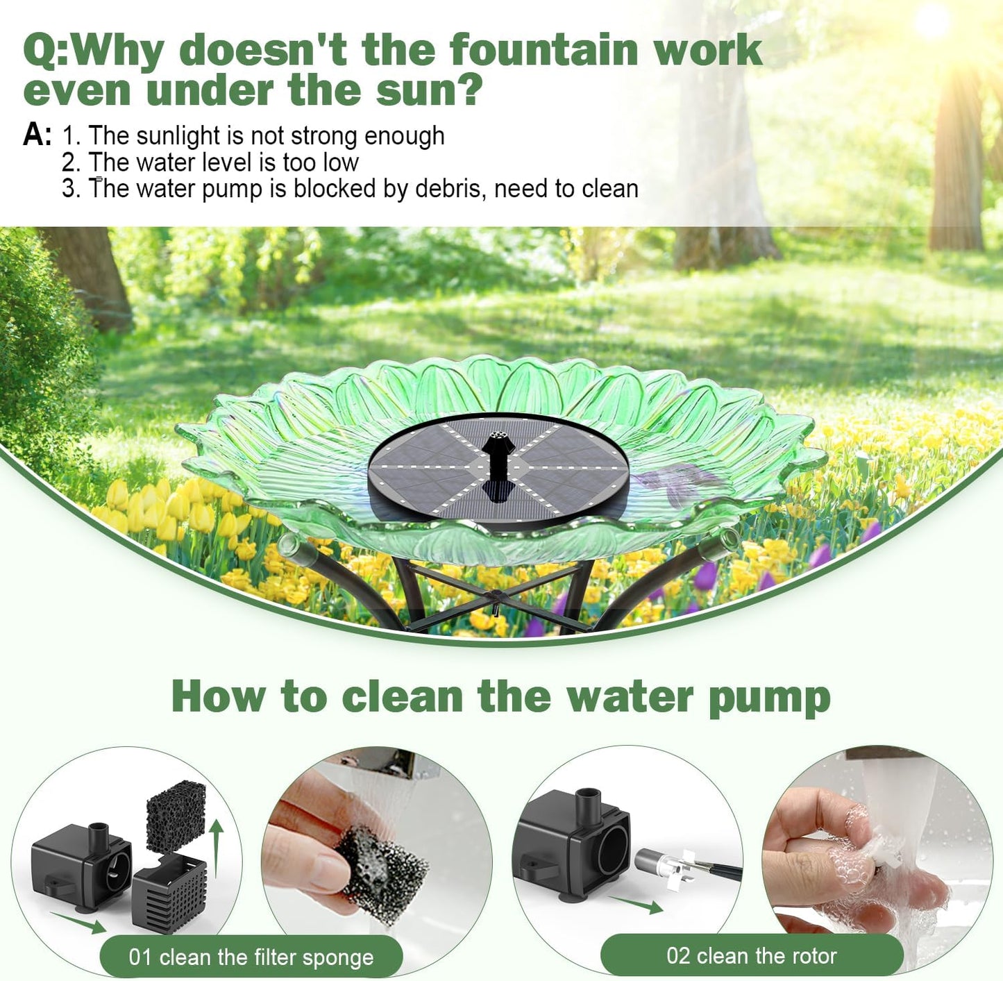 Yzert Upgraded Solar Fountain Bird Bath with 60 LED Lights, Solar Powered Water Fountain Pump with 4000mAh Battery 7 Nozzles 4 Fixers, for Garden Patio Pond Birdbath Pool