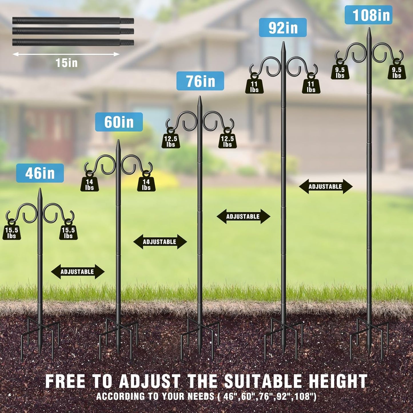 Double Shepherds Hooks for Outdoor, 108 Inch Heavy Duty Bird Feeder Pole with 5 Prongs Base, Adjustable Shepherds Hook for Bird Feeder, Garden, Weddings, Hanging Plant, 1 Pack