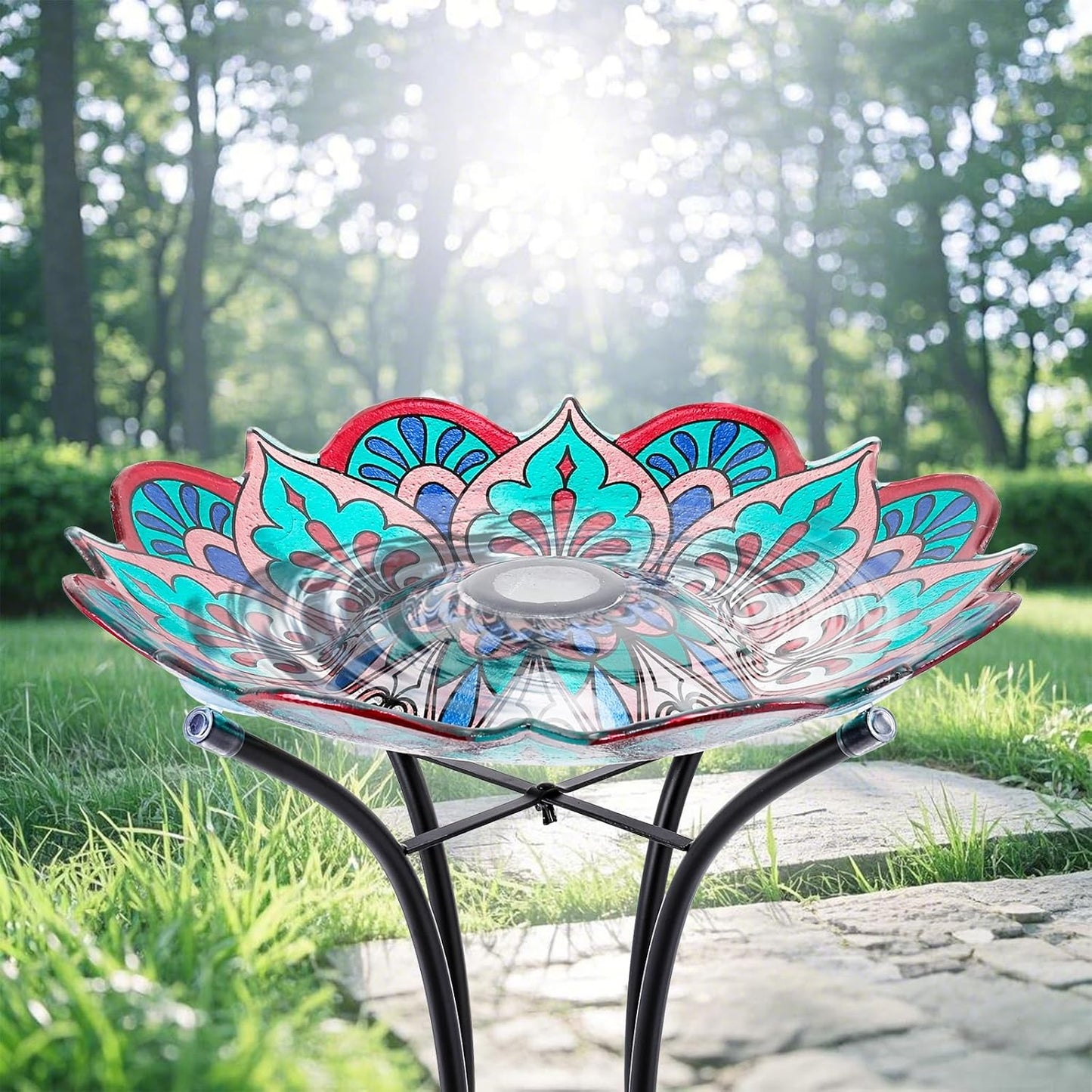 MUMTOP Bird Baths for Outdoors, Glass Large Solar Bird Bath Bowl with Metal Stand, Kaleidoscope Bird Feeders for Outside and Garden, Patio,Lawn Decor (Flower Edge)